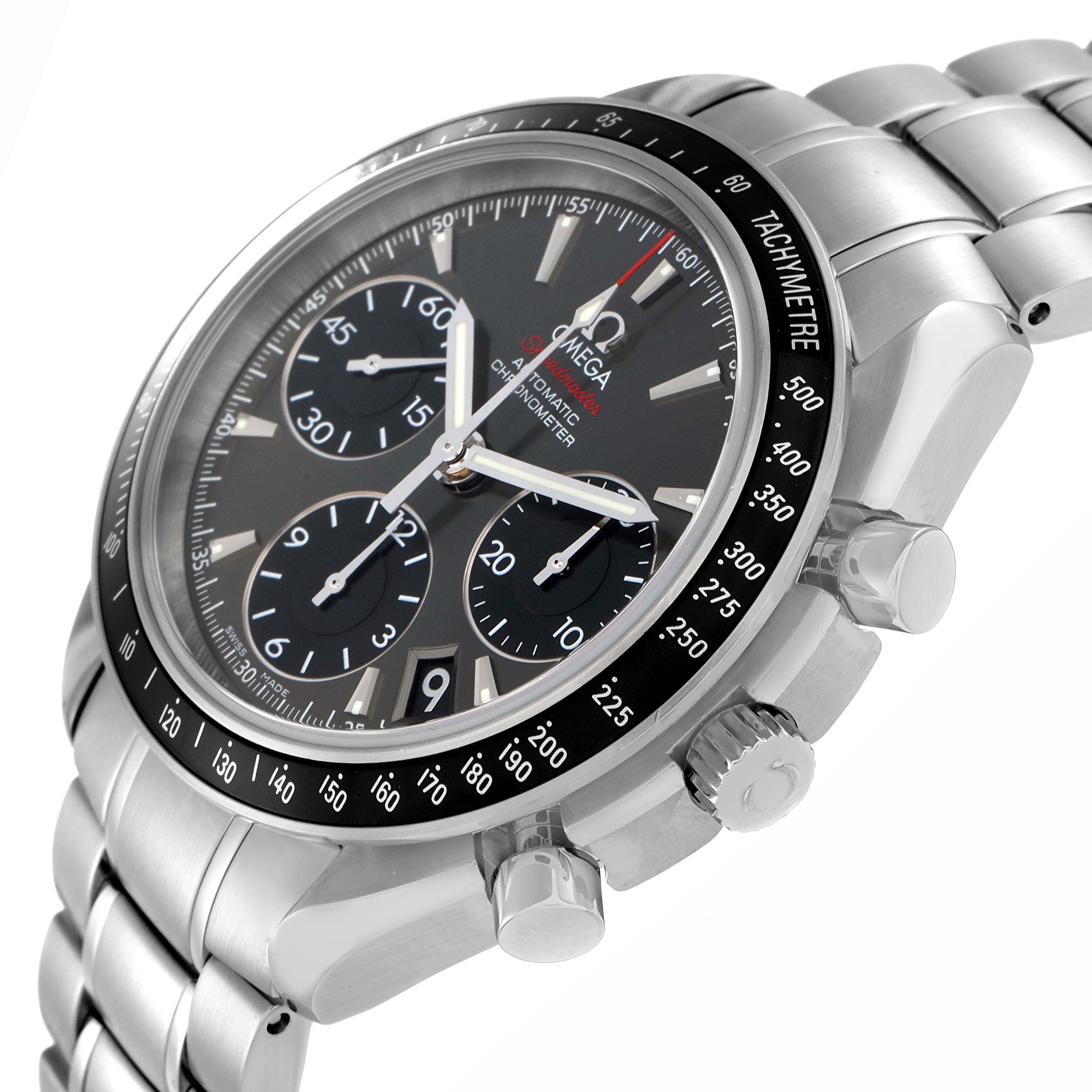 The Omega Speedmaster 323.30.40.40.06.001 Men
s Stainless Steel Grey Dial is shown from a side angle, highlighting the tachymeter bezel, chronograph dials, case, and bracelet.