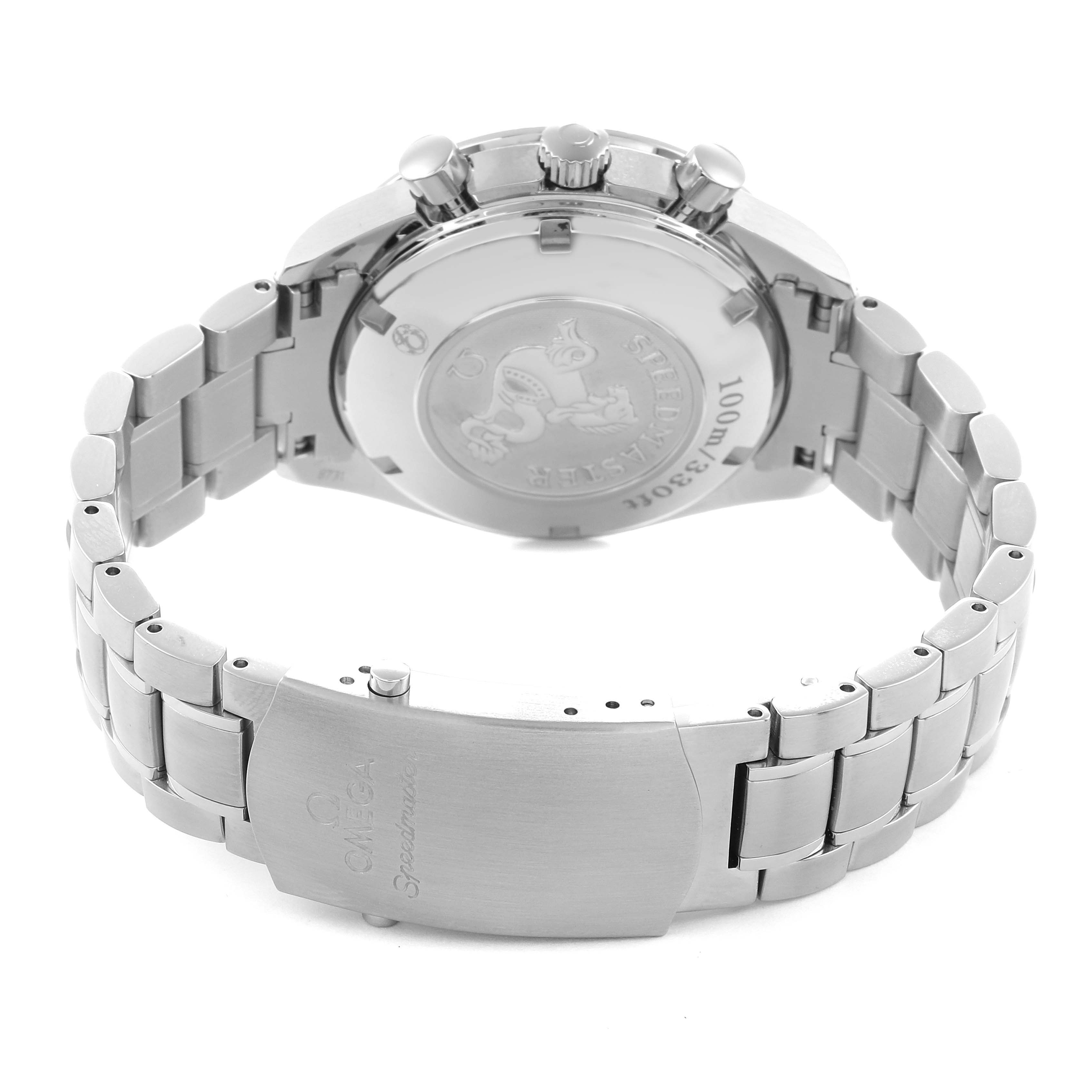 The Omega Speedmaster 323.30.40.40.06.001 Men
s Stainless Steel Grey Dial is shown from the back, displaying the case back, bracelet, and clasp.