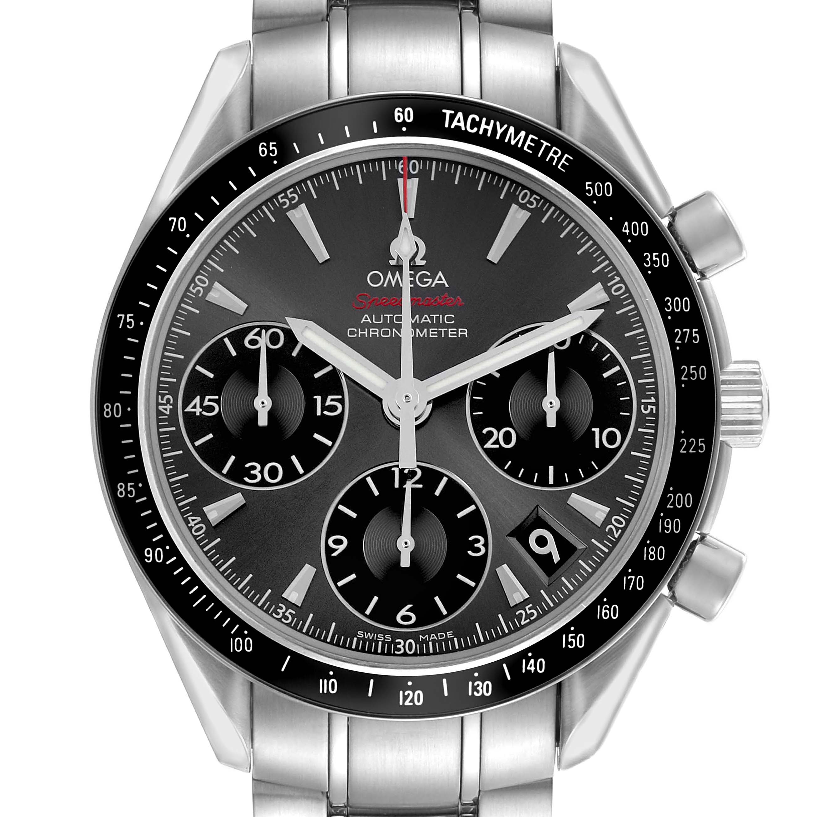 The Omega Speedmaster 323.30.40.40.06.001 Men
s Stainless Steel Grey Dial watch is shown from the front, displaying the dial, subdials, tachymeter, and stainless steel bracelet.