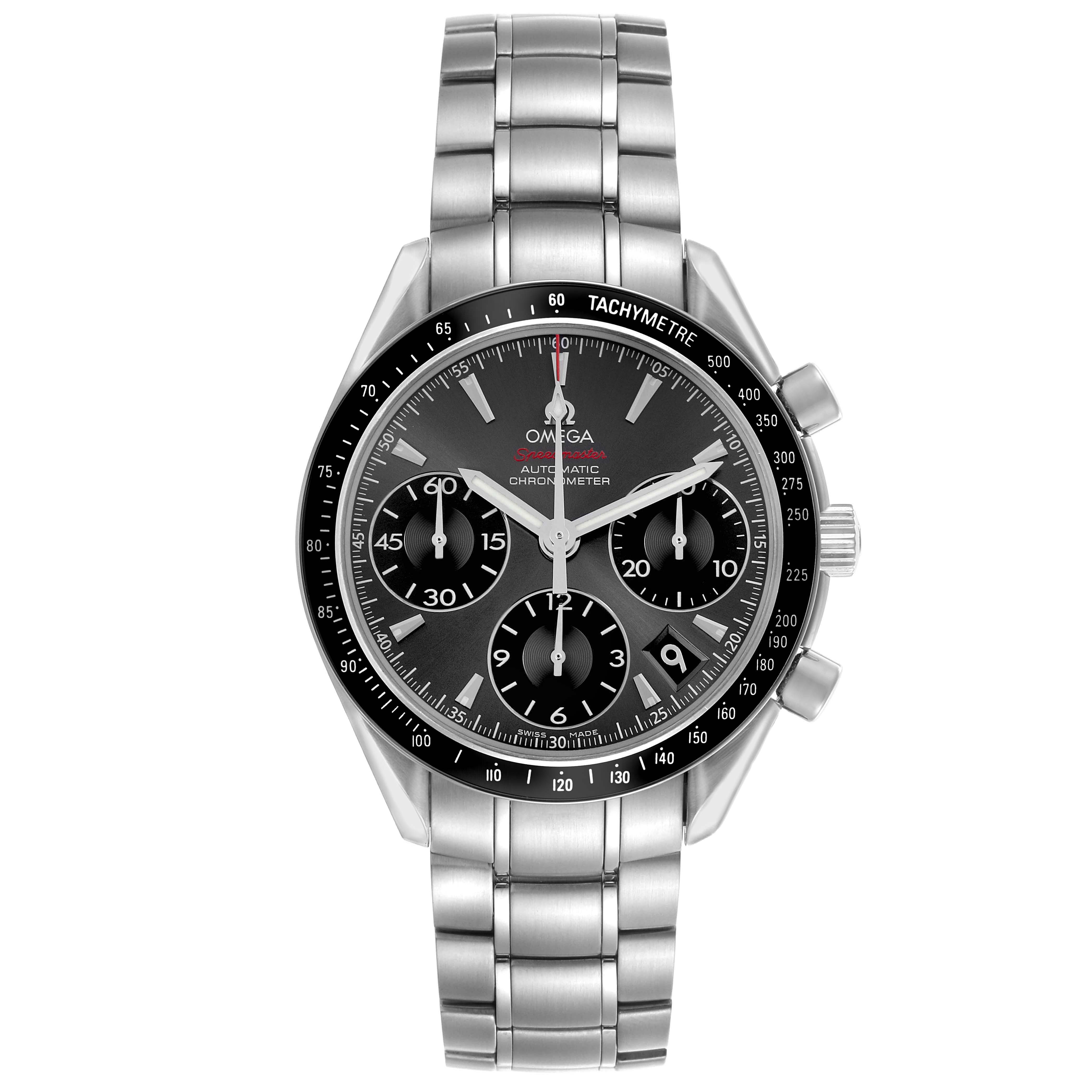 The Omega Speedmaster 323.30.40.40.06.001 Men
s Stainless Steel Grey Dial watch is shown from the front, displaying the face, bezel, subdials, and metal bracelet.