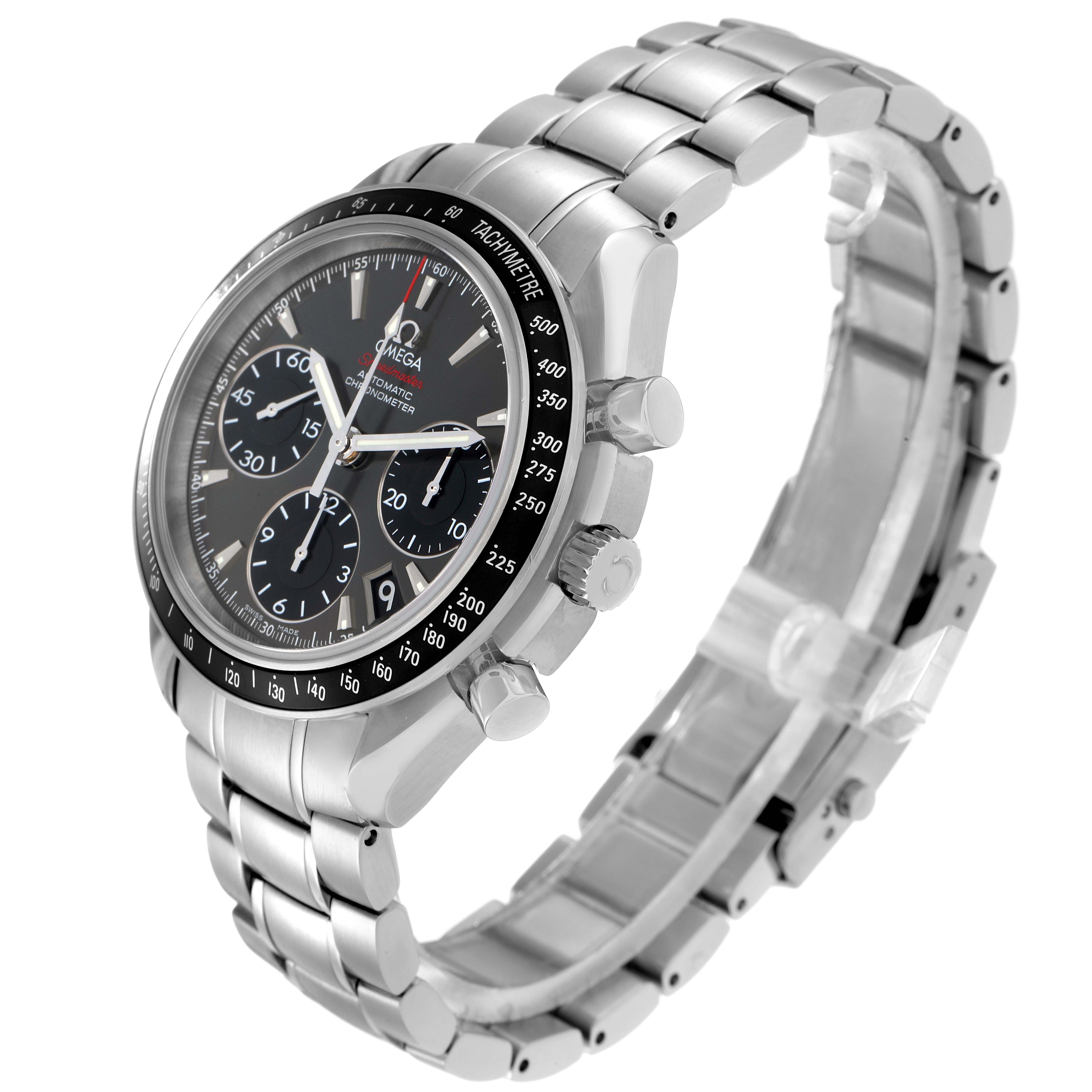 The Omega Speedmaster 323.30.40.40.06.001 Men
s Stainless Steel Grey Dial watch is shown at a three-quarter angle, highlighting the face, bezel, pushers, and stainless steel bracelet.