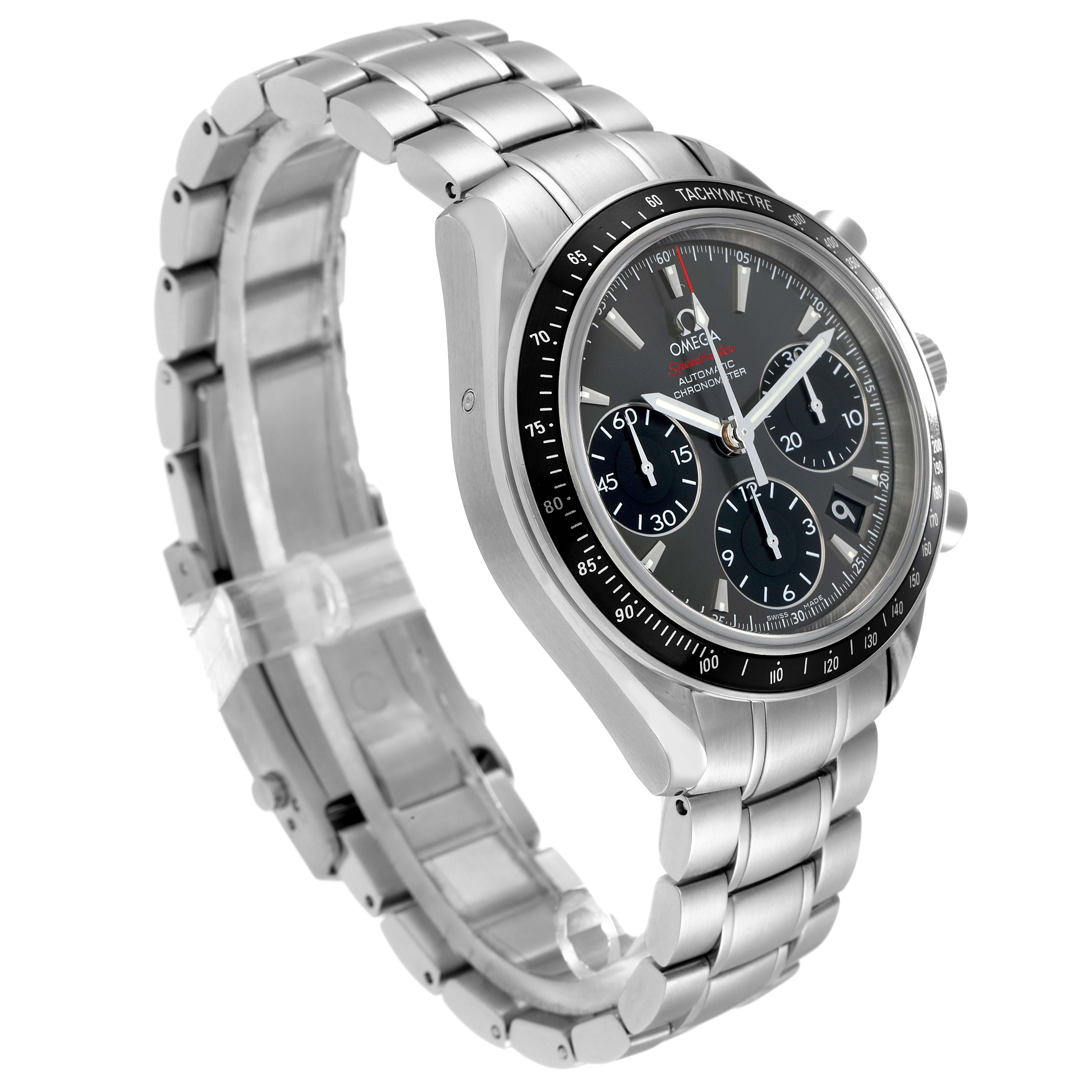 The Omega Speedmaster 323.30.40.40.06.001 Men
s Stainless Steel Grey Dial is shown at a three-quarter angle, highlighting the dial, tachymeter bezel, and stainless steel bracelet.