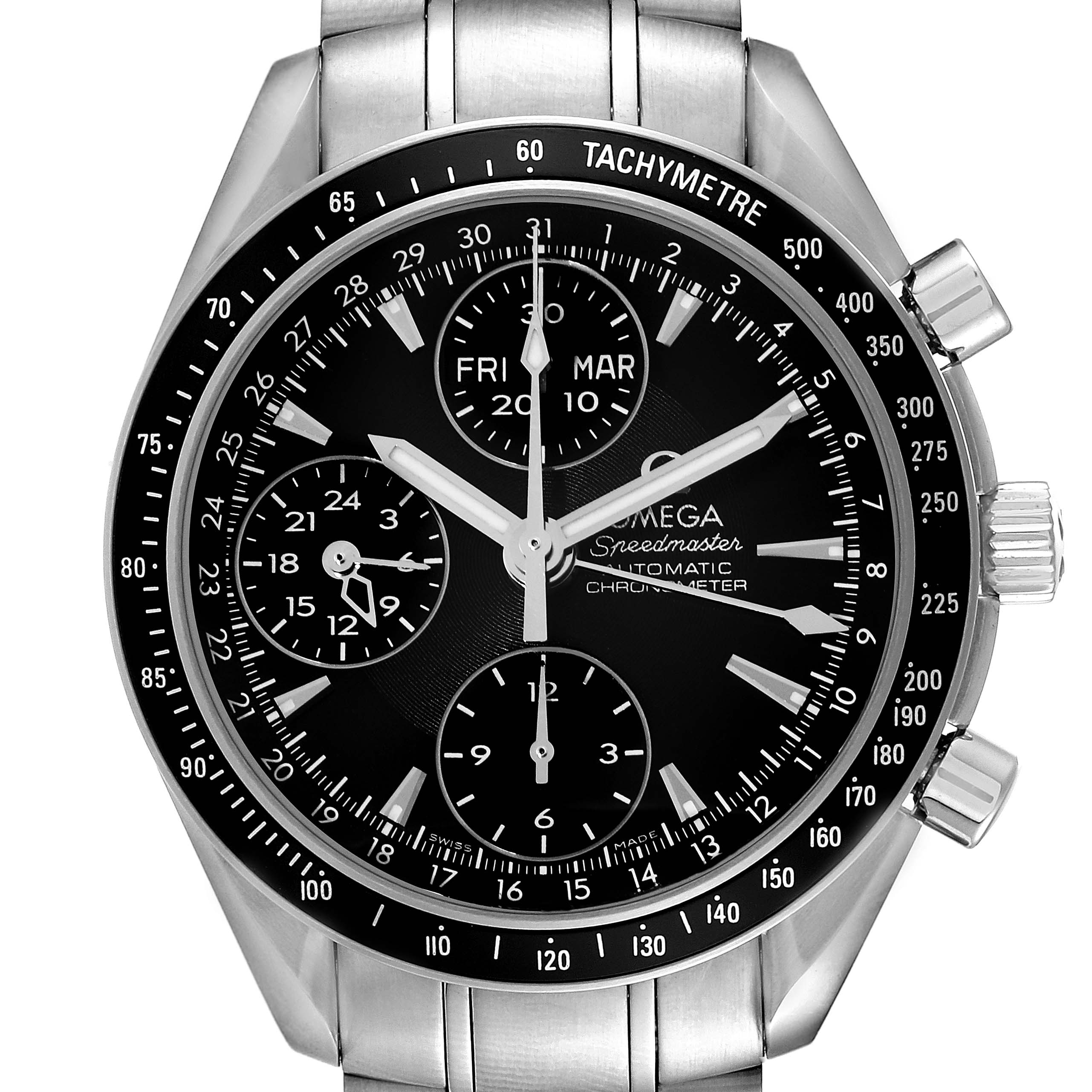 This image of the Omega Speedmaster 3220.50.00 Men
s Stainless Steel Black Dial 3220.50.00 Men
s Stainless Steel Black Dial watch is taken from a front angle, showing the dial, subdials, and stainless steel bracelet.
