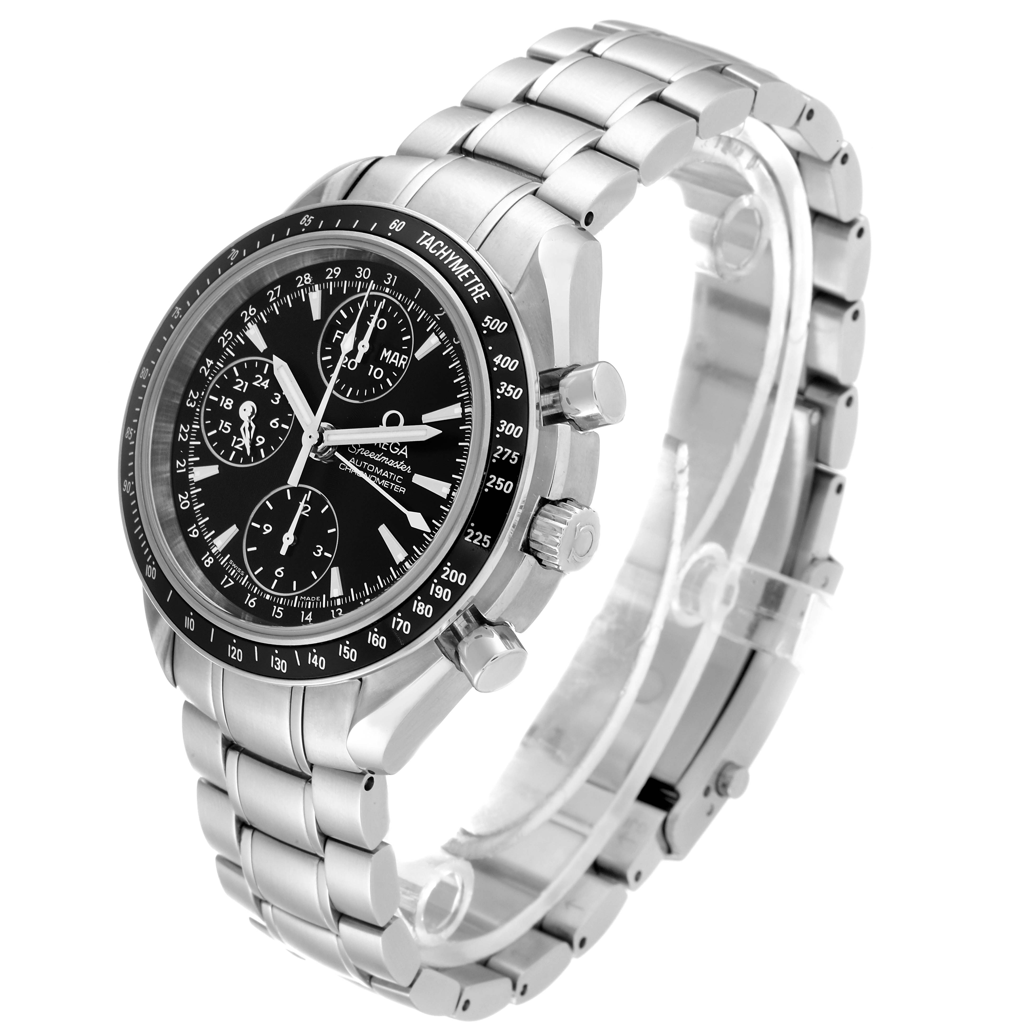 The Omega Speedmaster 3220.50.00 Men
s Stainless Steel Black Dial 3220.50.00 Men
s Stainless Steel Black Dial watch is shown at a three-quarter angle, highlighting its face, bezel, chronograph buttons, and metal bracelet.