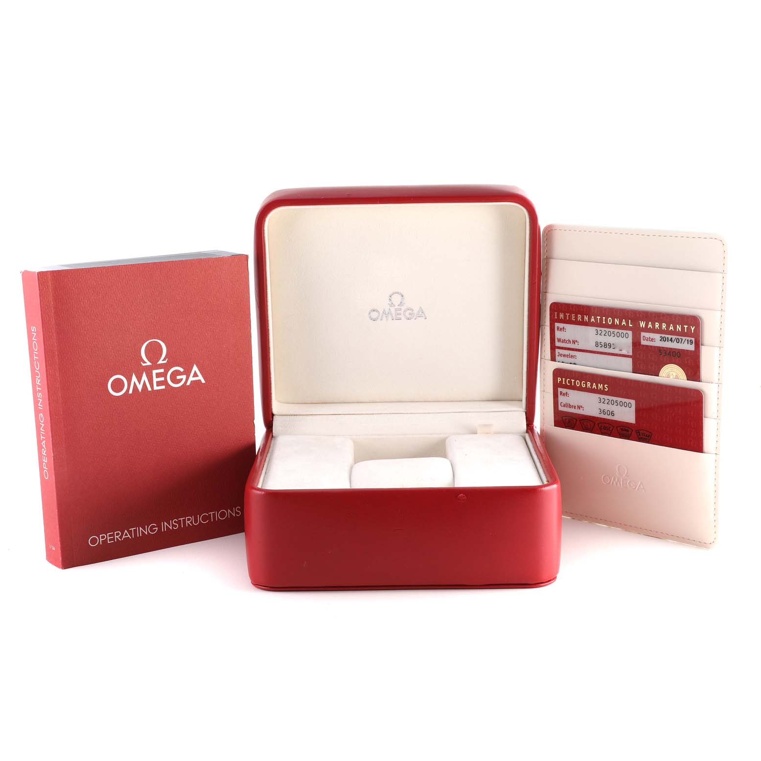 The image shows the box and accessories for an Omega Speedmaster 3220.50.00 Men
s Stainless Steel Black Dial 3220.50.00 Men
s Stainless Steel Black Dial watch, including the warranty cards and operating instructions.