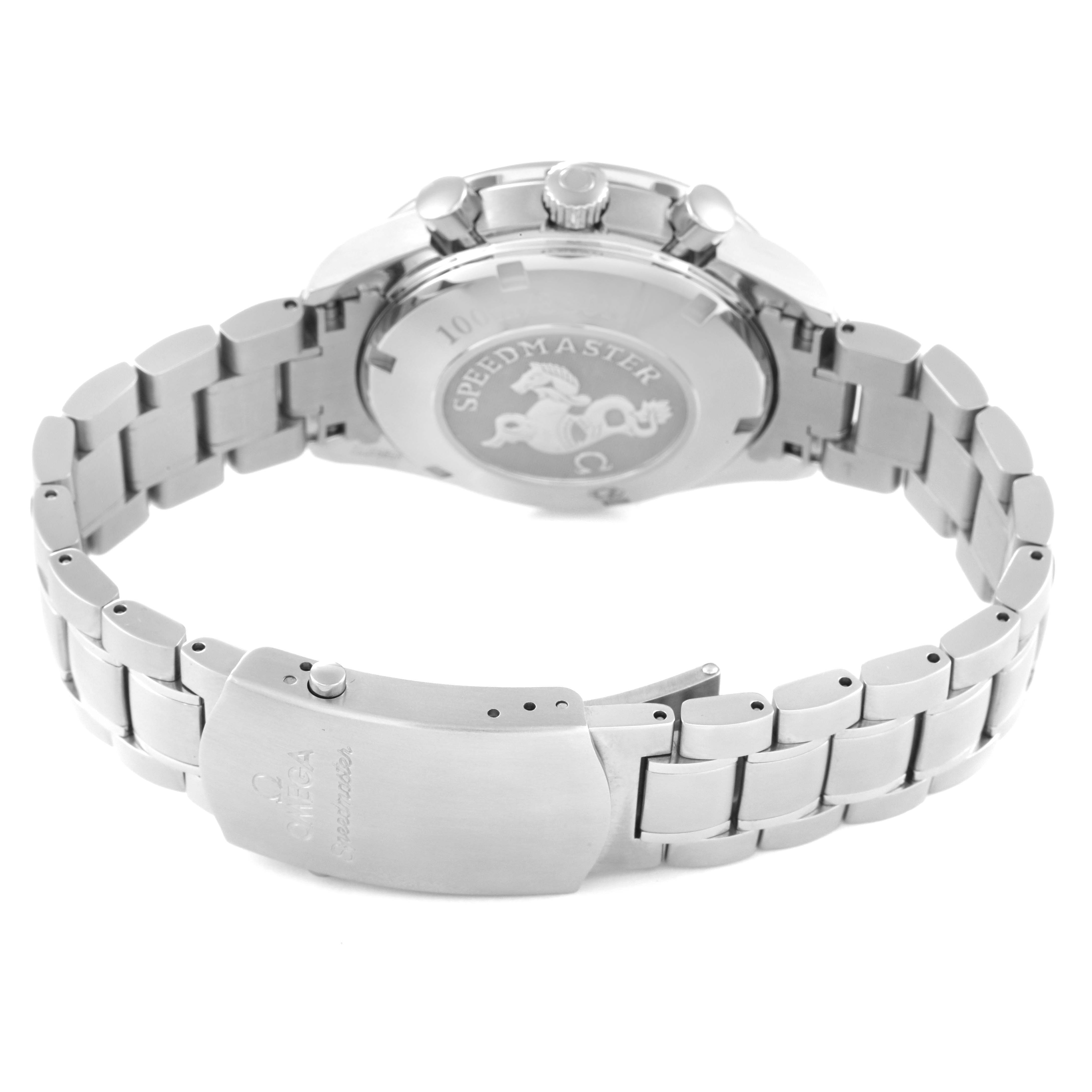 This image shows the back and the bracelet clasp of an Omega Speedmaster 3220.50.00 Men
s Stainless Steel Black Dial 3220.50.00 Men
s Stainless Steel Black Dial watch at a rear angle.