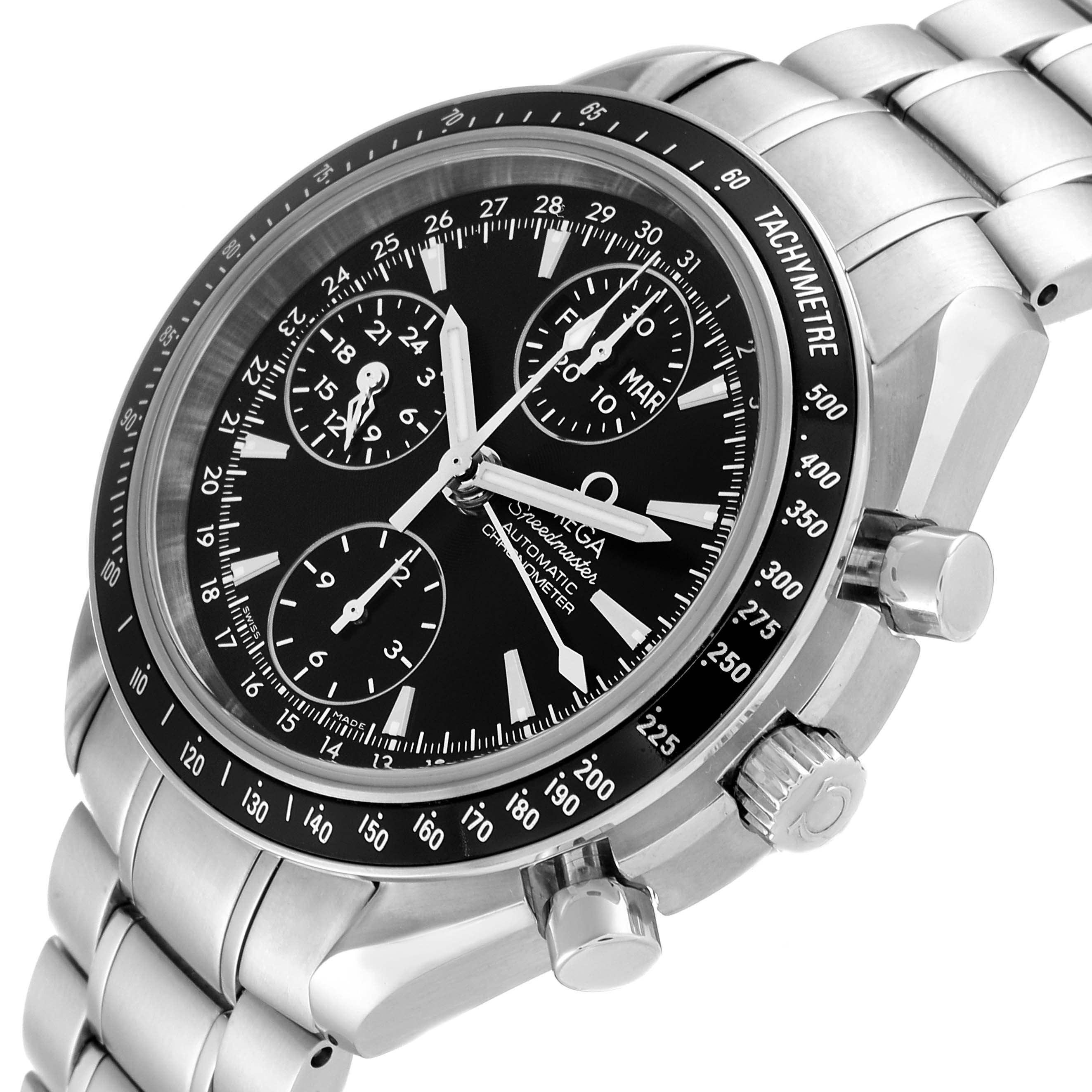 The photo shows a close-up, angled view of the Omega Speedmaster 3220.50.00 Men
s Stainless Steel Black Dial 3220.50.00 Men
s Stainless Steel Black Dial watch, highlighting its face, bezel, and metal bracelet.