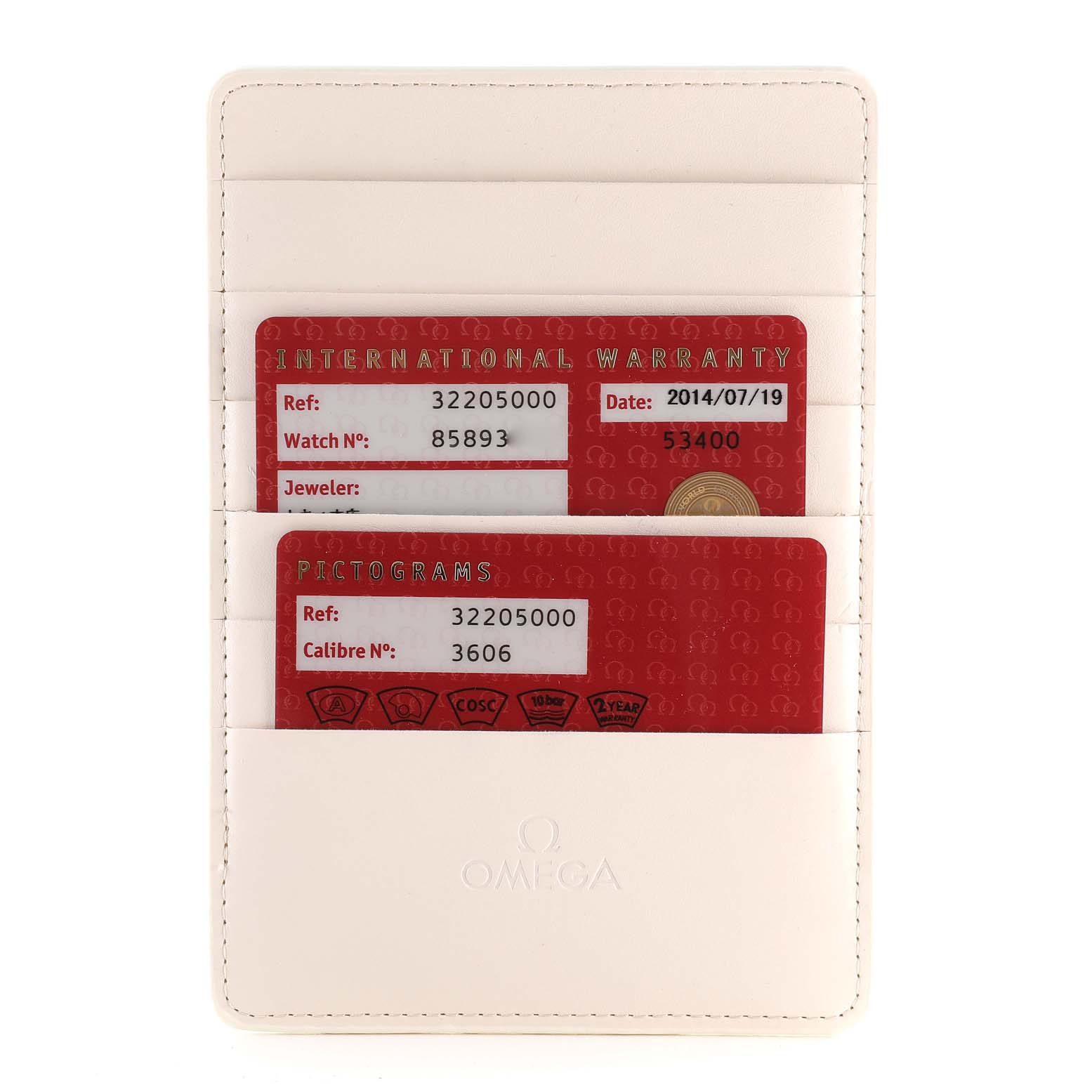 The image shows Omega Speedmaster 3220.50.00 Men
s Stainless Steel Black Dial 3220.50.00 Men
s Stainless Steel Black Dial watch warranty and pictogram cards in a white Omega cardholder.