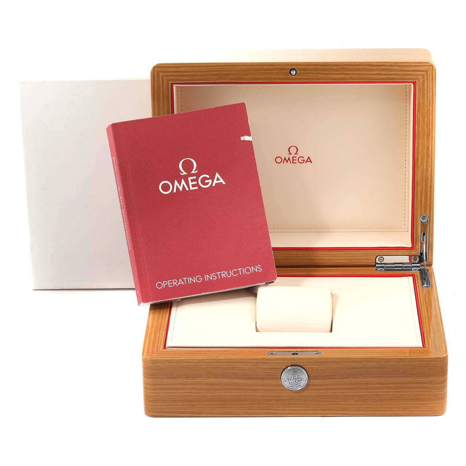 The image shows the wooden presentation box and operating instructions for the Omega Speedmaster 311.63.44.51.99.001 Men's Ceramic Grey Dial 311.63.44.51.99.001 Men's Ceramic Grey Dial watch.