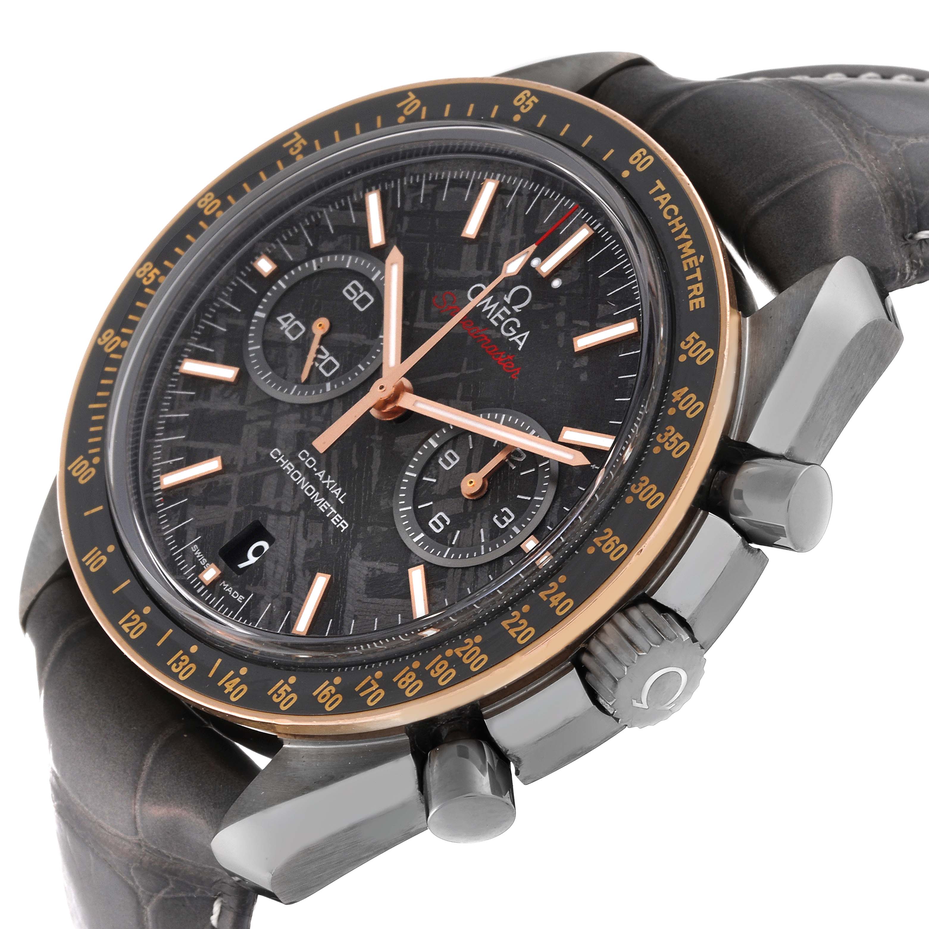 The Omega Speedmaster 311.63.44.51.99.001 Men's Ceramic Grey Dial 311.63.44.51.99.001 Men's Ceramic Grey Dial watch is shown at a three-quarter angle, highlighting the dial, bezel, and crown.