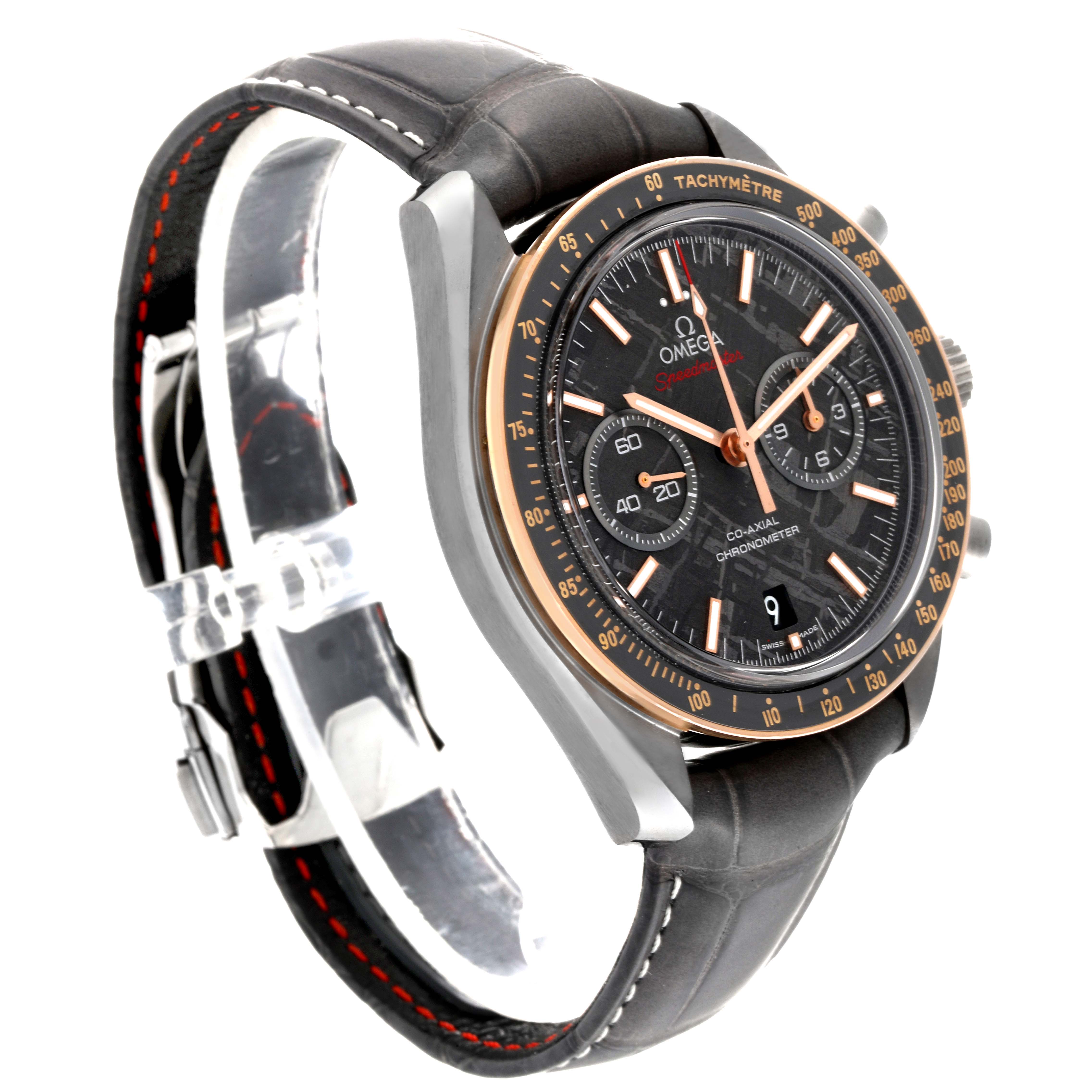 This Omega Speedmaster 311.63.44.51.99.001 Men's Ceramic Grey Dial 311.63.44.51.99.001 Men's Ceramic Grey Dial watch is shown at an angle highlighting the face, bezel, and leather strap with visible details.