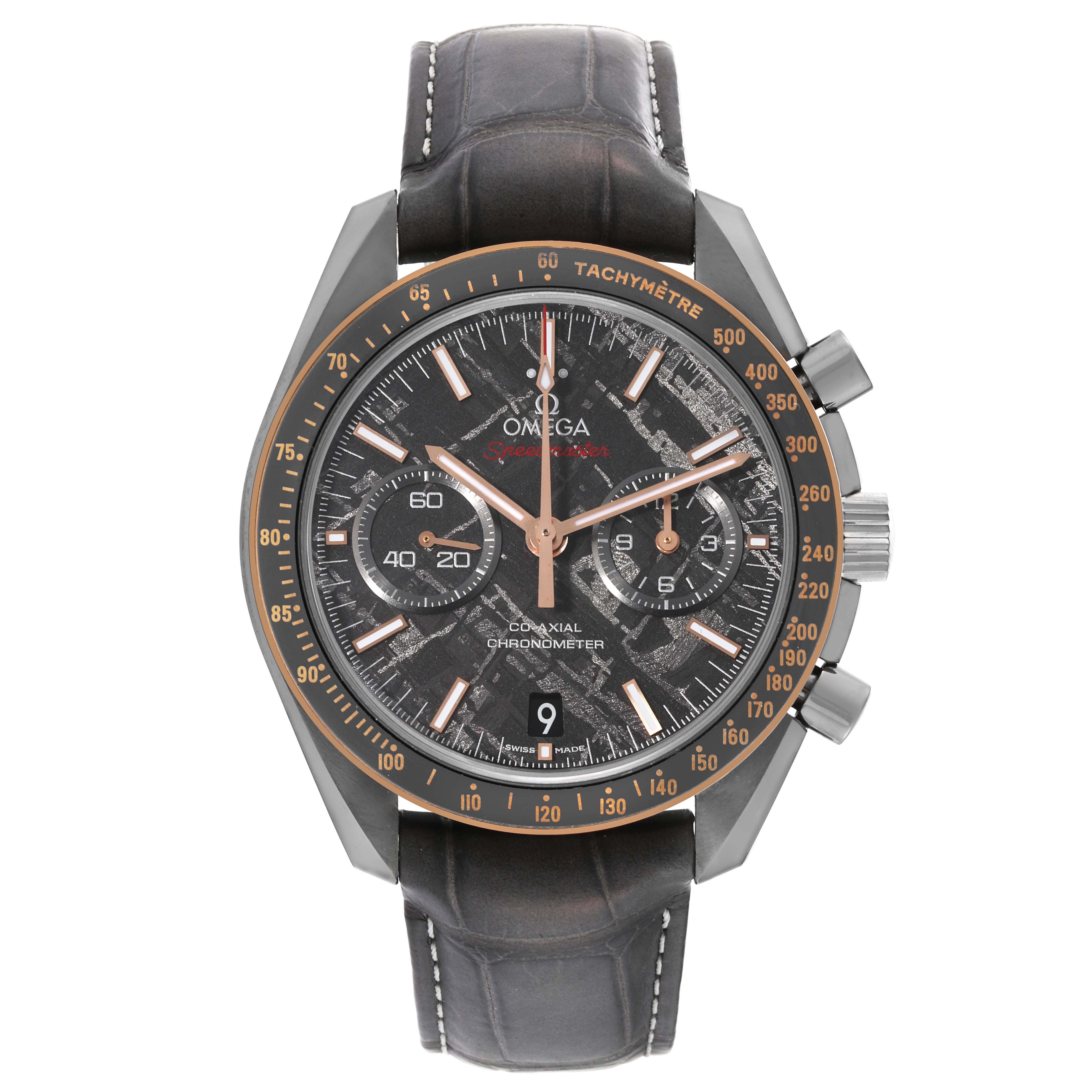 The image shows a frontal view of an Omega Speedmaster 311.63.44.51.99.001 Men's Ceramic Grey Dial 311.63.44.51.99.001 Men's Ceramic Grey Dial watch, highlighting its face, bezel, chronograph subdials, and leather strap.