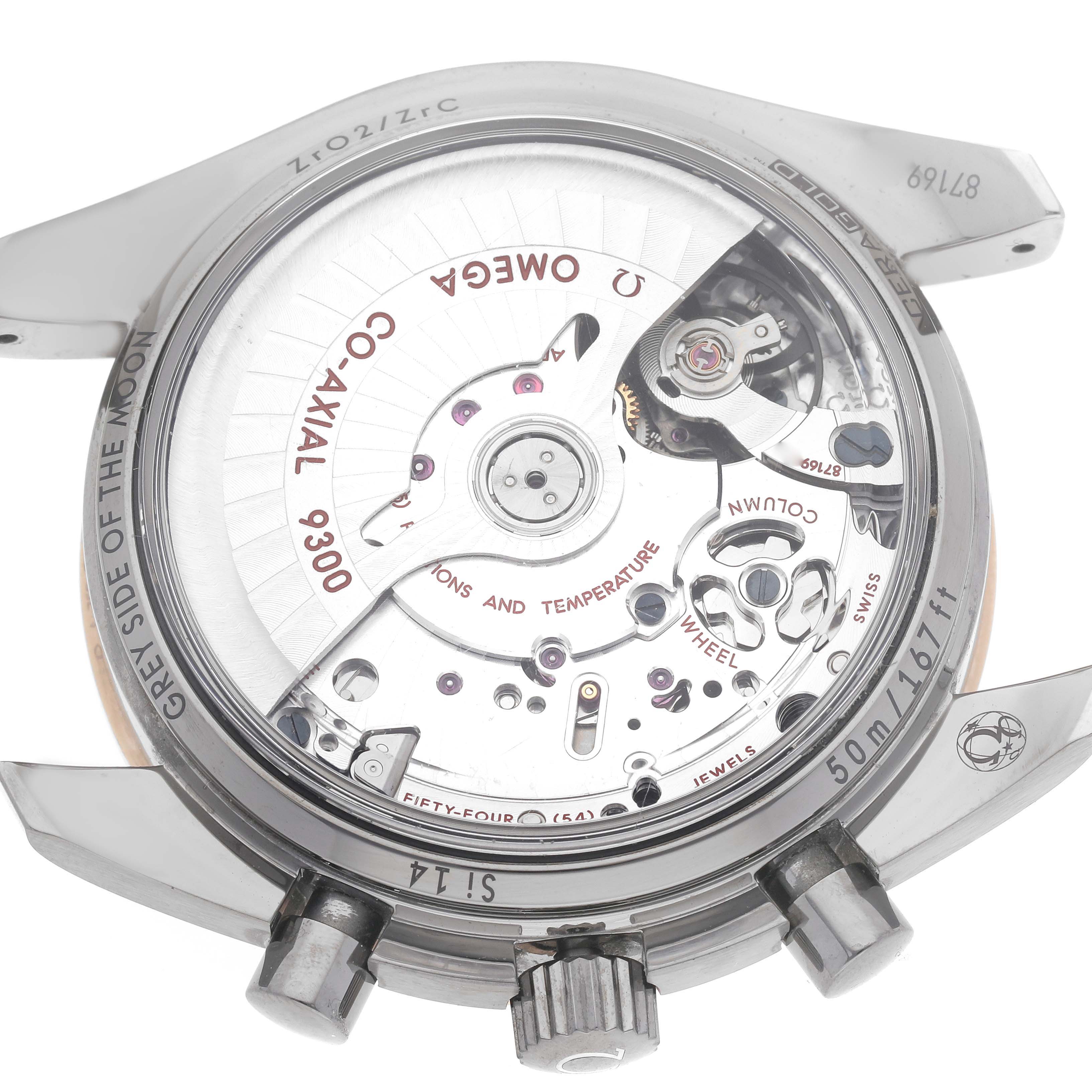 This image shows the back view of an Omega Speedmaster 311.63.44.51.99.001 Men's Ceramic Grey Dial 311.63.44.51.99.001 Men's Ceramic Grey Dial watch, focusing on its Co-Axial 9300 movement and internal components.