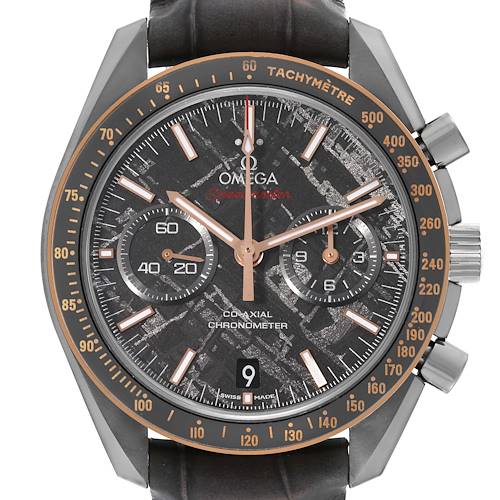 This image shows a frontal view of the Omega Speedmaster watch, highlighting its dial, bezel, sub-dials, and pushers.