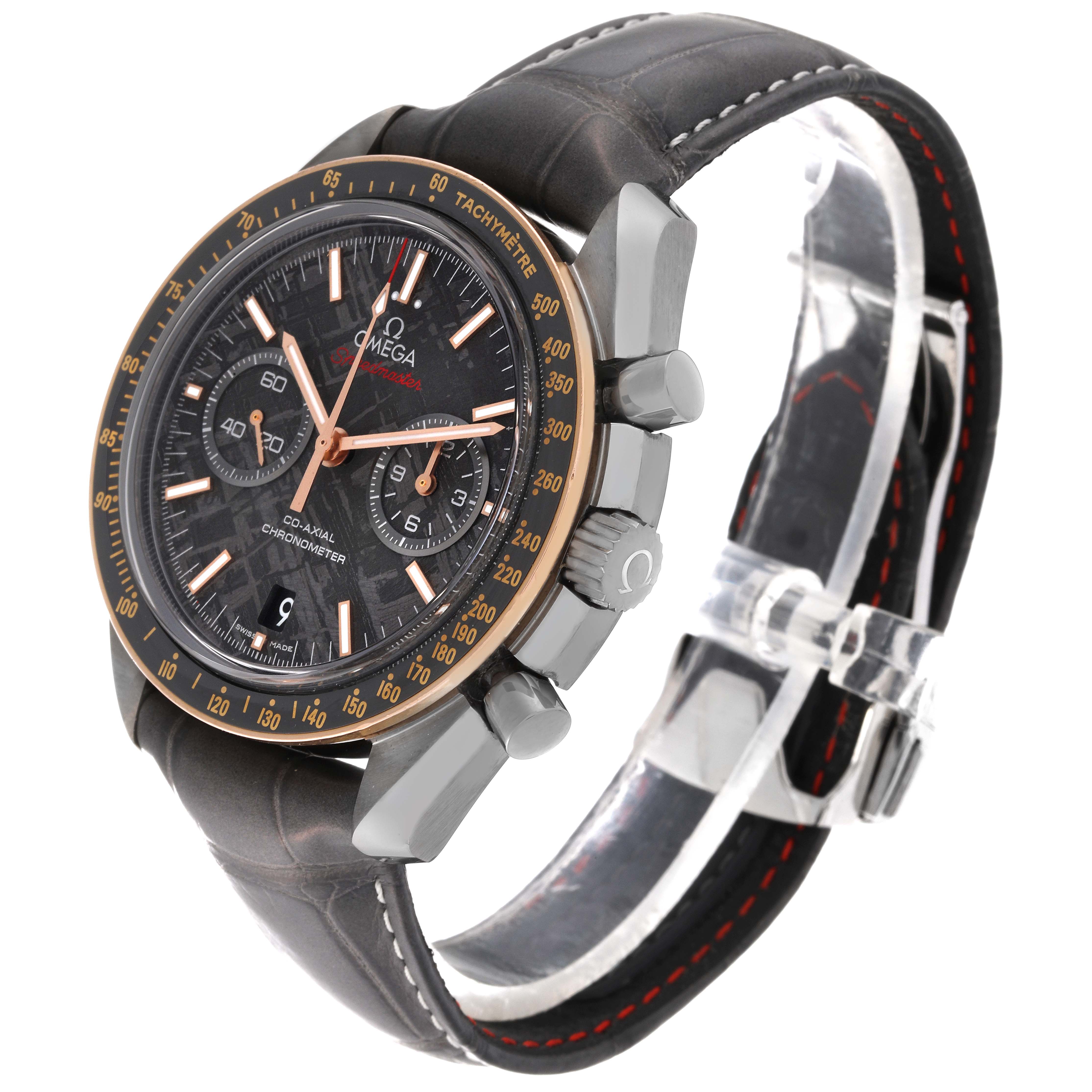 This image shows an Omega Speedmaster 311.63.44.51.99.001 Men's Ceramic Grey Dial 311.63.44.51.99.001 Men's Ceramic Grey Dial watch at a three-quarter angle, highlighting its dial, bezel, crown, pushers, and leather strap.