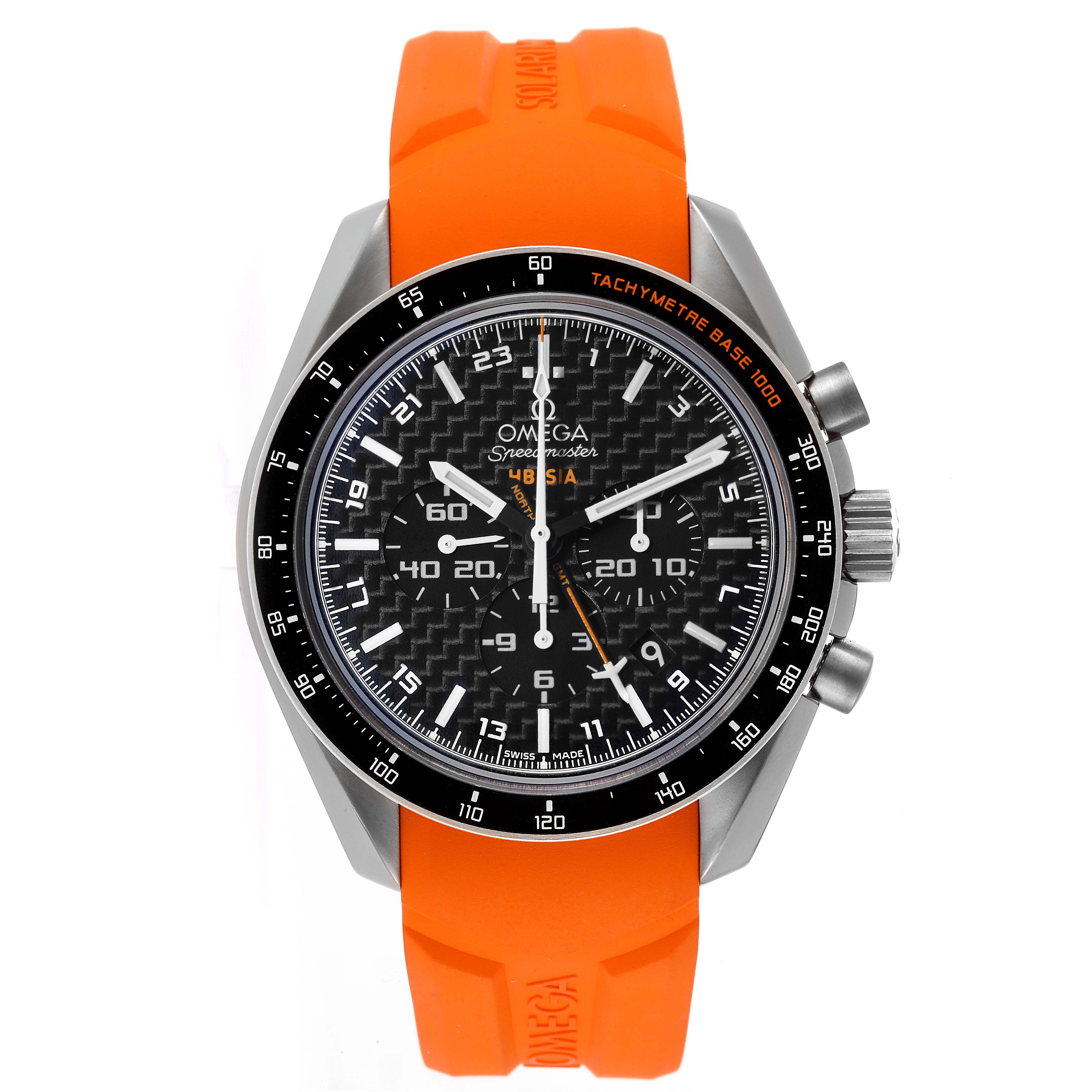The image shows a front view of an Omega Speedmaster 321.92.44.52.01.003 Men's Titanium Black Dial 321.92.44.52.01.003 Men's Titanium Black Dial watch with an orange strap and a black dial.
