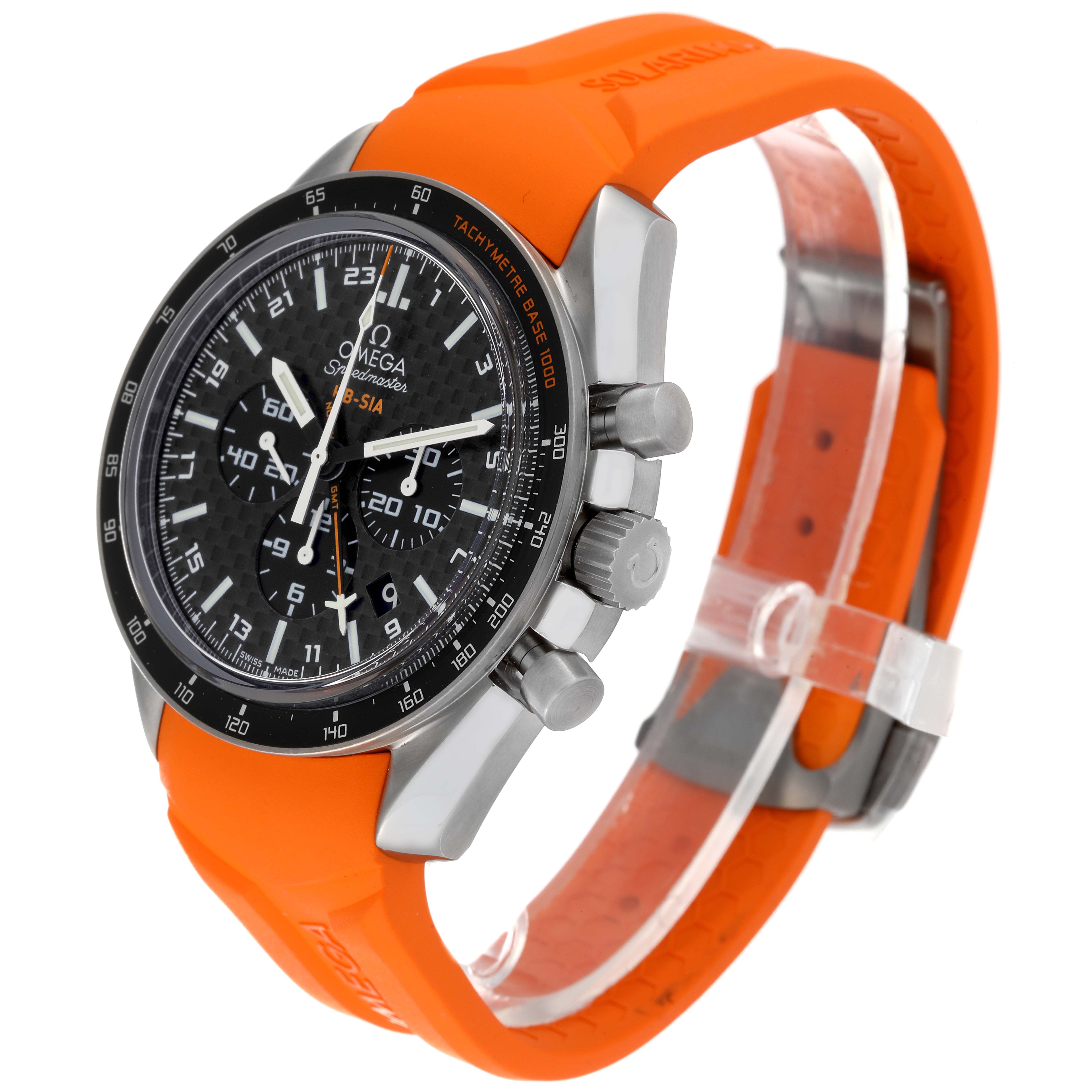 The Omega Speedmaster 321.92.44.52.01.003 Men's Titanium Black Dial 321.92.44.52.01.003 Men's Titanium Black Dial watch is shown at a three-quarter angle, highlighting its dial, side buttons, and orange strap.
