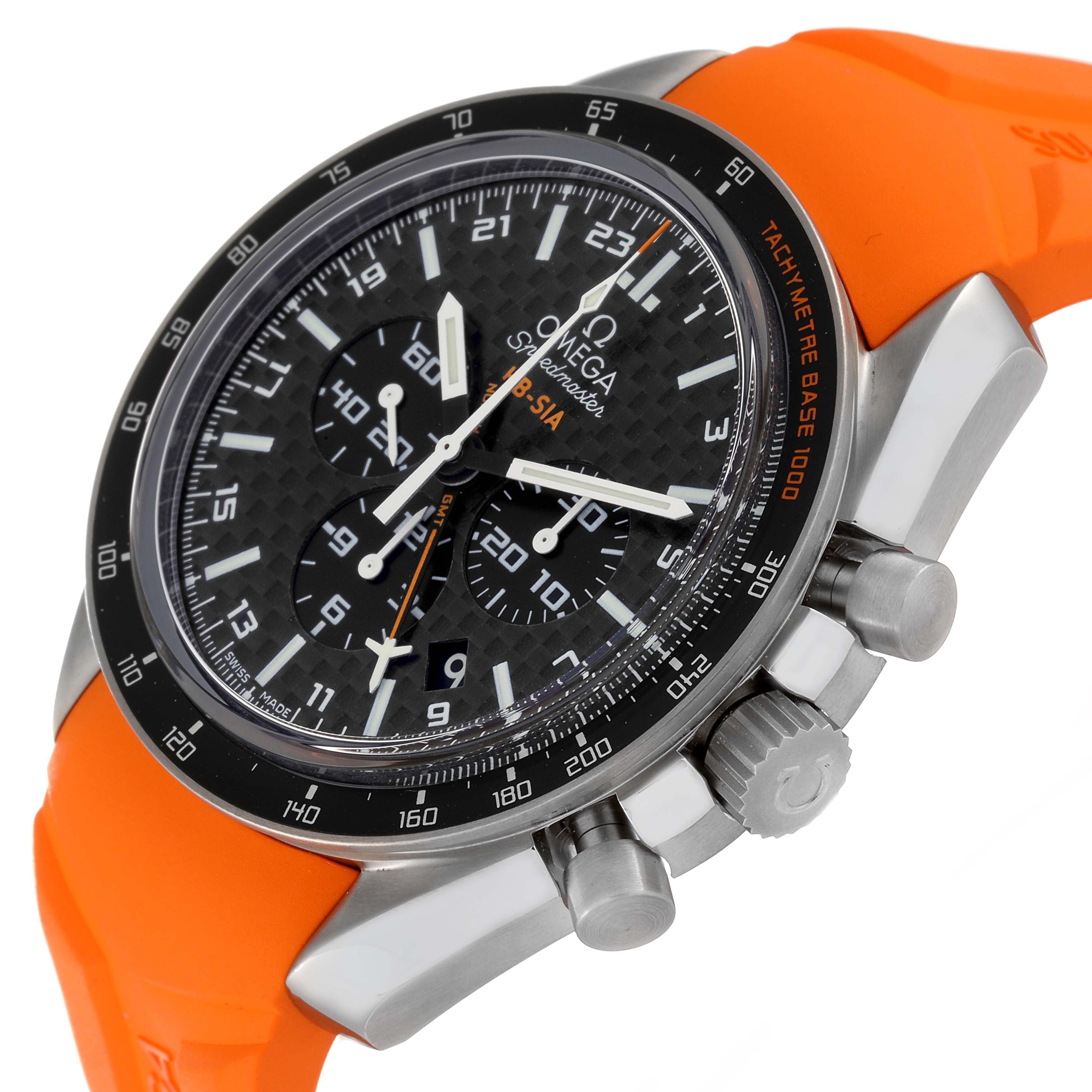 The image shows an angled view of an Omega Speedmaster 321.92.44.52.01.003 Men's Titanium Black Dial 321.92.44.52.01.003 Men's Titanium Black Dial watch featuring an orange strap, black bezel, and detailed dial.