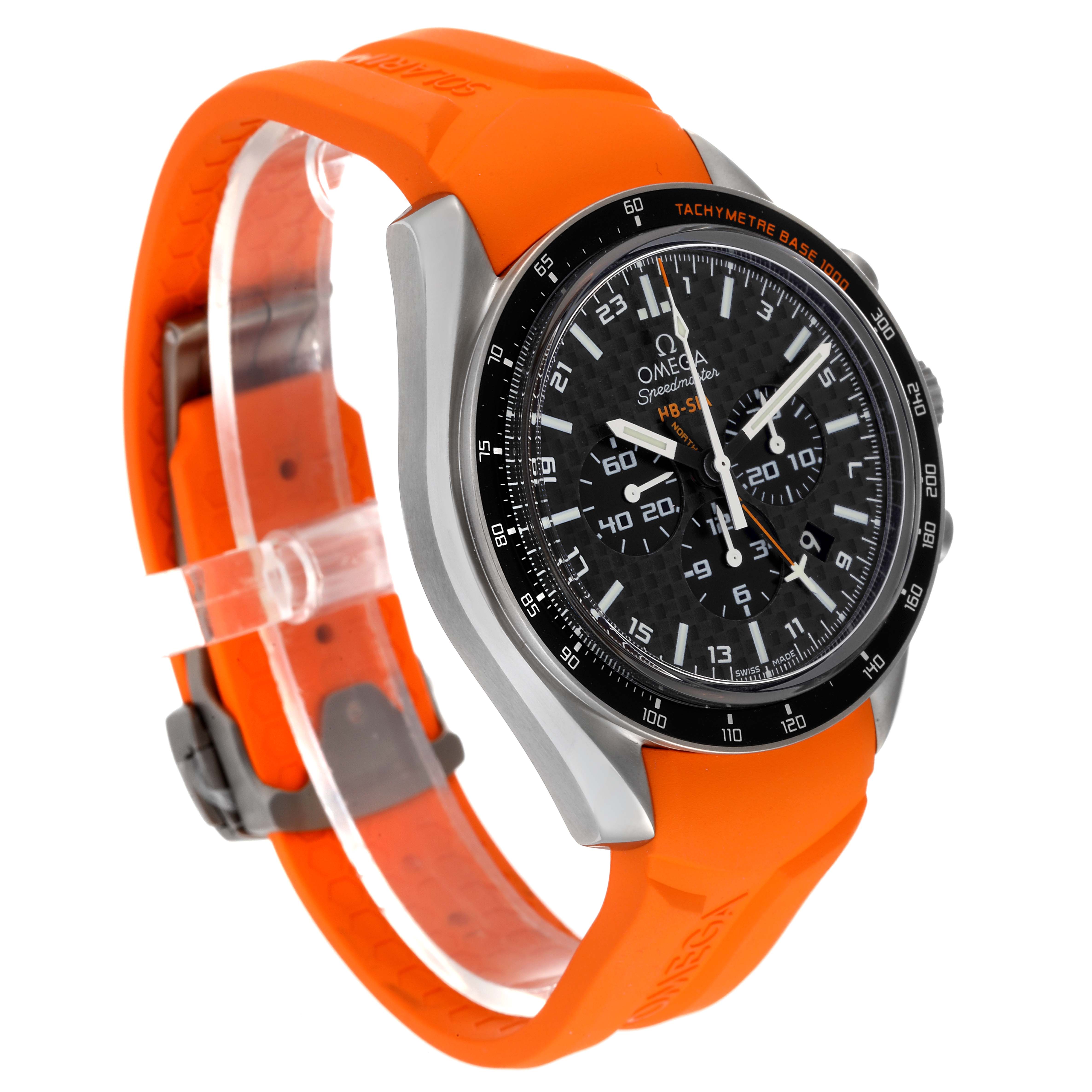 This Omega Speedmaster 321.92.44.52.01.003 Men's Titanium Black Dial 321.92.44.52.01.003 Men's Titanium Black Dial watch features an angled view highlighting its black dial, tachymeter bezel, and orange rubber strap.