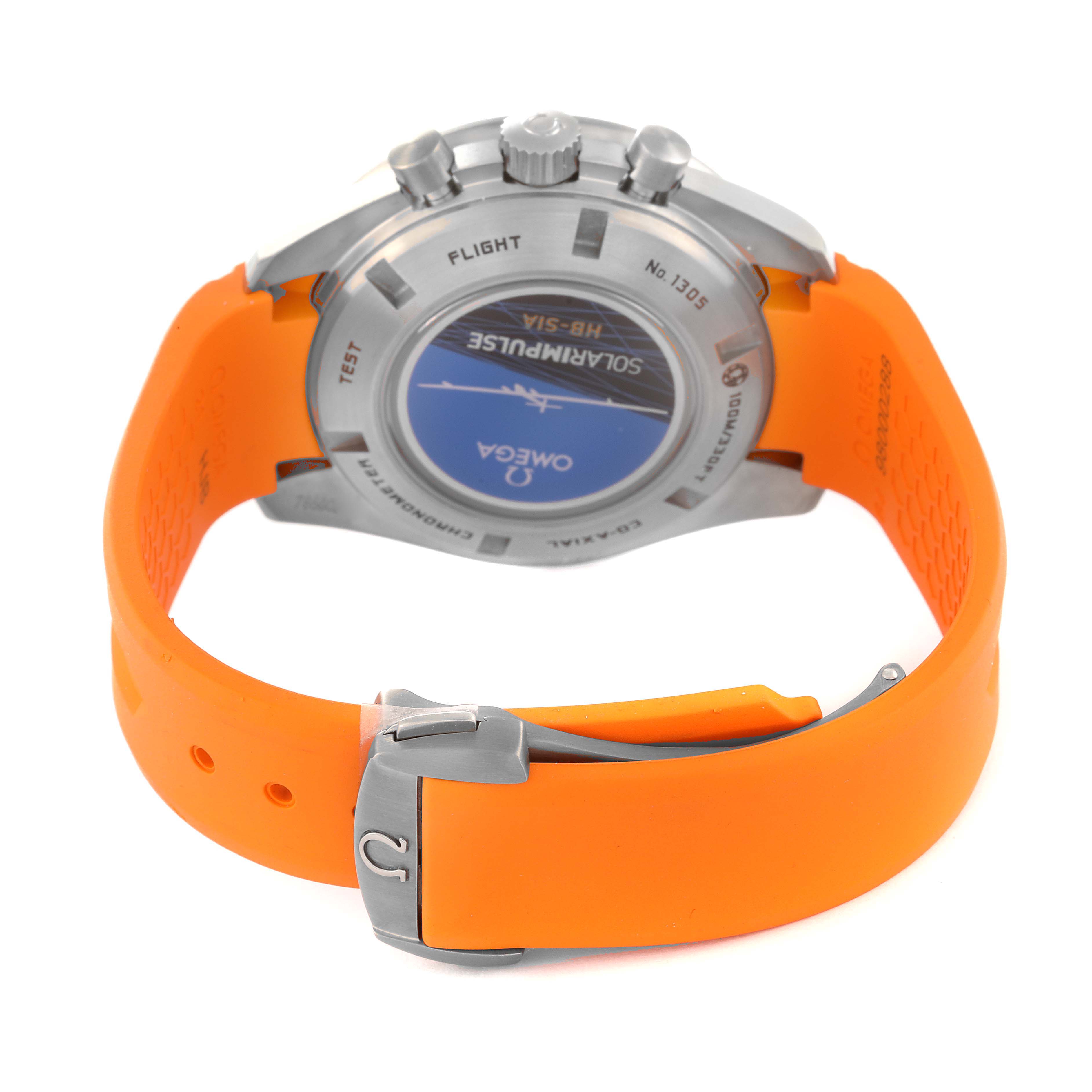 The image shows the back view of an Omega Speedmaster 321.92.44.52.01.003 Men's Titanium Black Dial 321.92.44.52.01.003 Men's Titanium Black Dial watch with an orange strap and visible case back details.