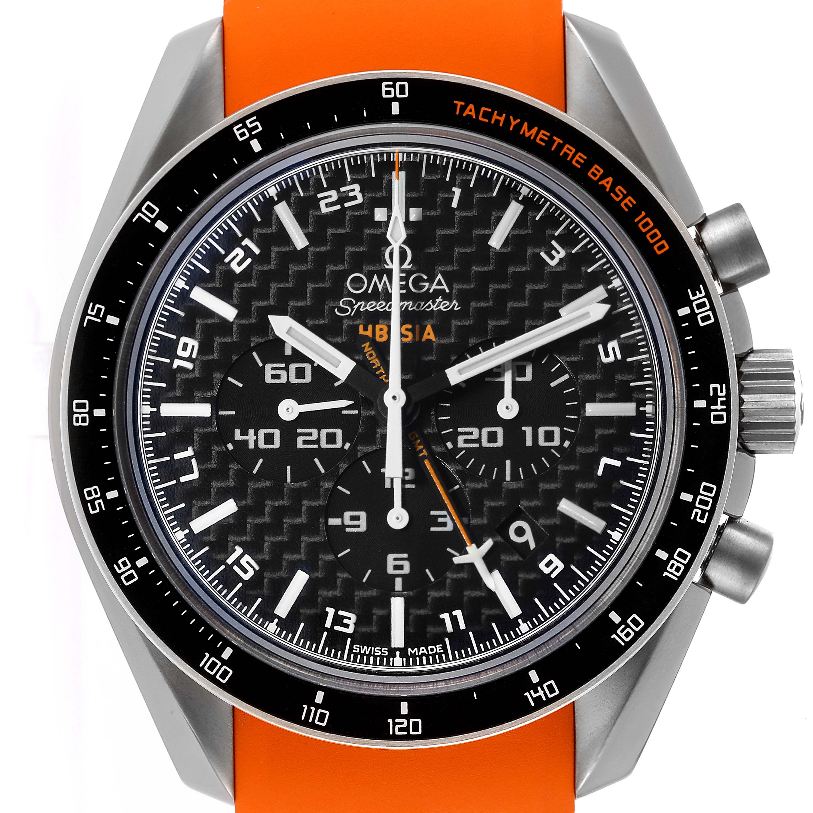 The image shows the face of an Omega Speedmaster 321.92.44.52.01.003 Men's Titanium Black Dial 321.92.44.52.01.003 Men's Titanium Black Dial watch with a tachymeter bezel and orange strap, viewed from the front.
