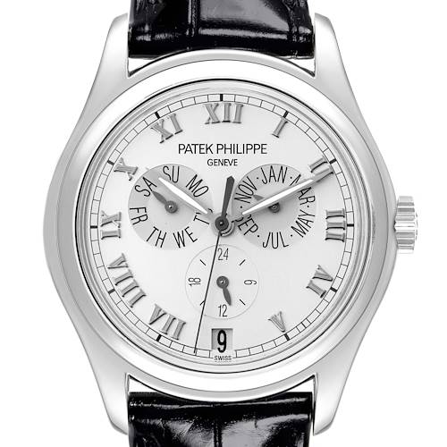 This image shows a front view of the Patek Philippe Complications model watch, featuring subdials and a date window.