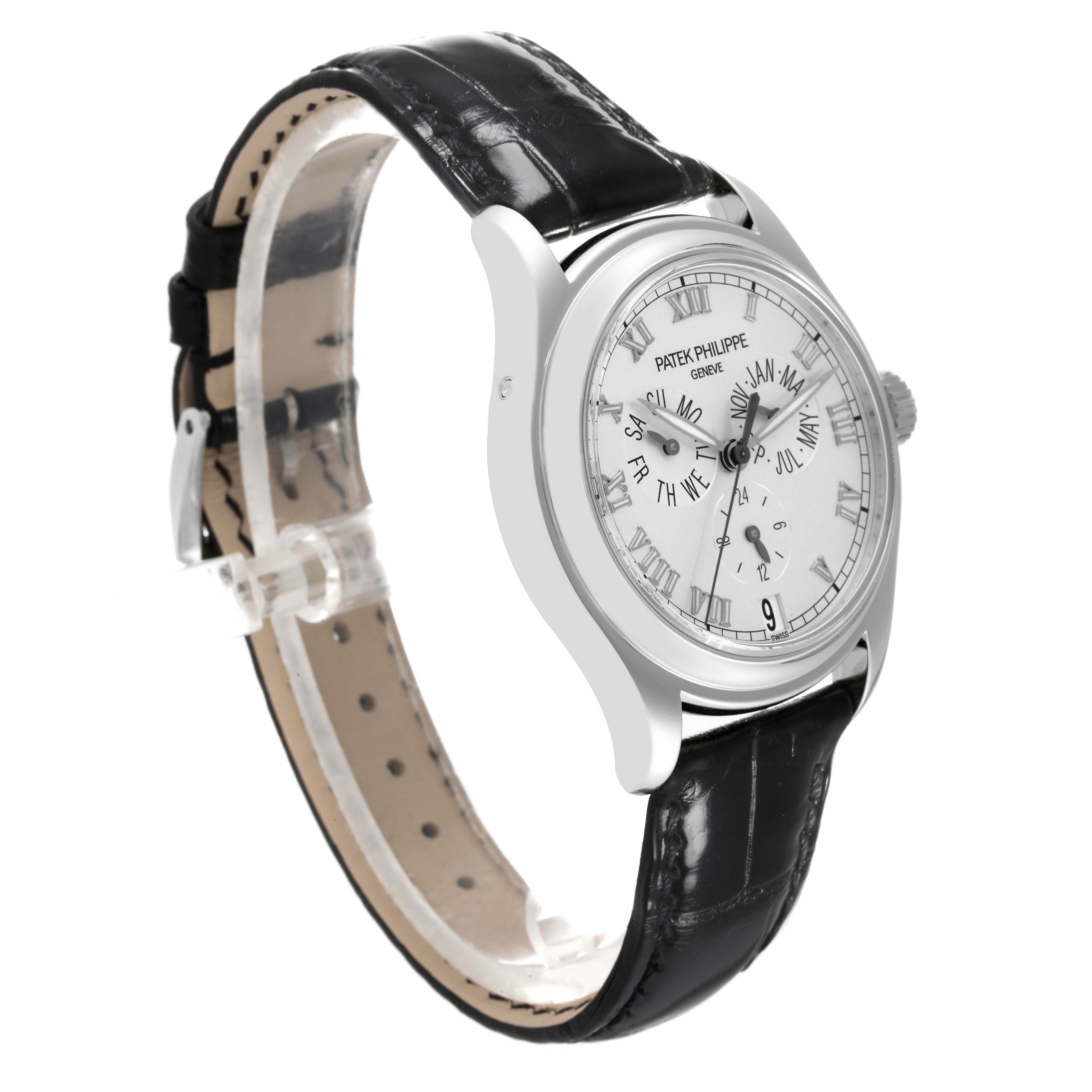 The Patek Philippe Complications 5035P-026 Men's Platinum Silver Dial 5035P-026 Men's Platinum Silver Dial watch is shown at a slight side angle, highlighting the dial, case, and black leather strap.