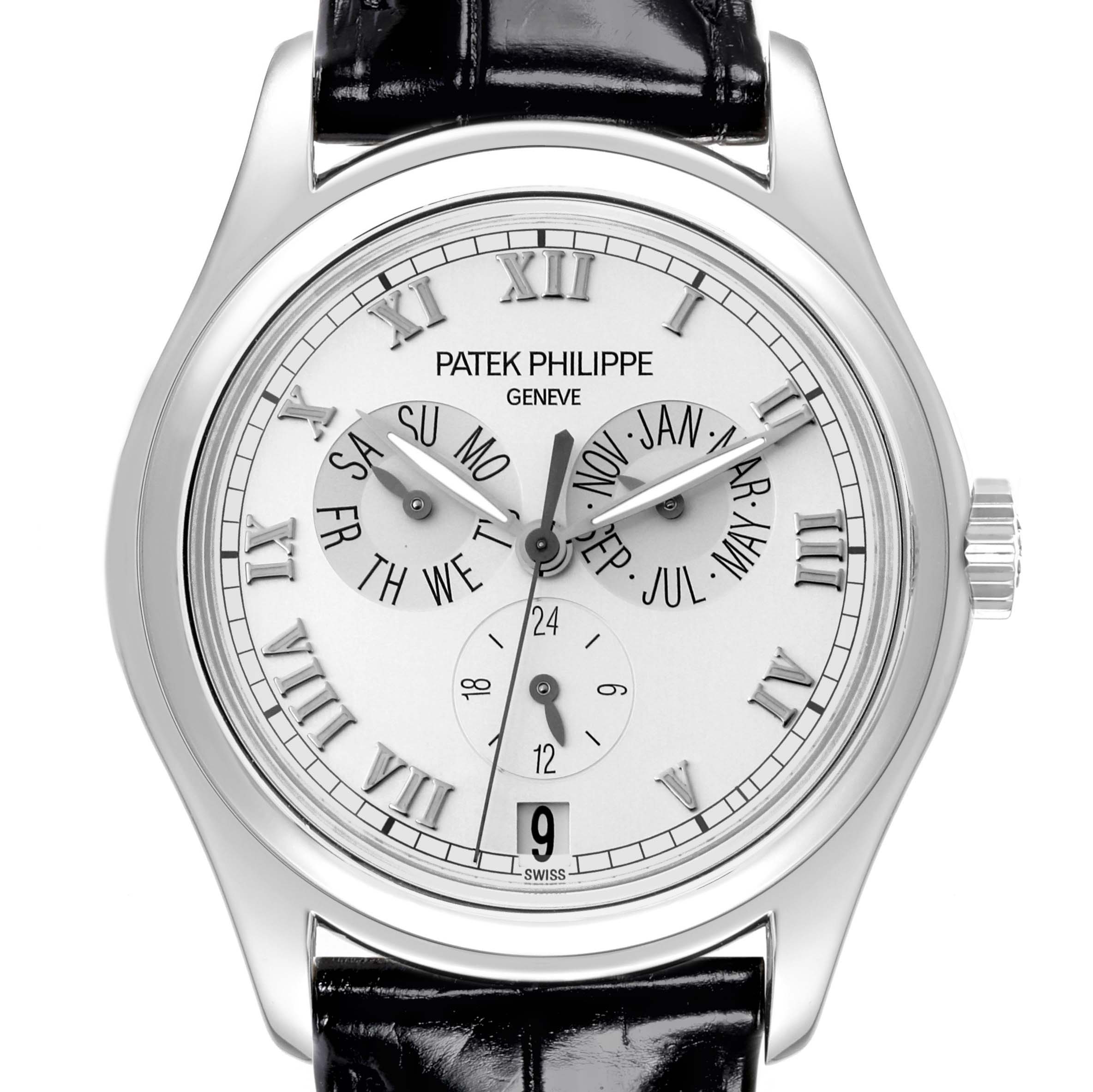The image shows a front view of a Patek Philippe Complications 5035P-026 Men's Platinum Silver Dial 5035P-026 Men's Platinum Silver Dial watch with a black leather strap, and features multiple subdials.