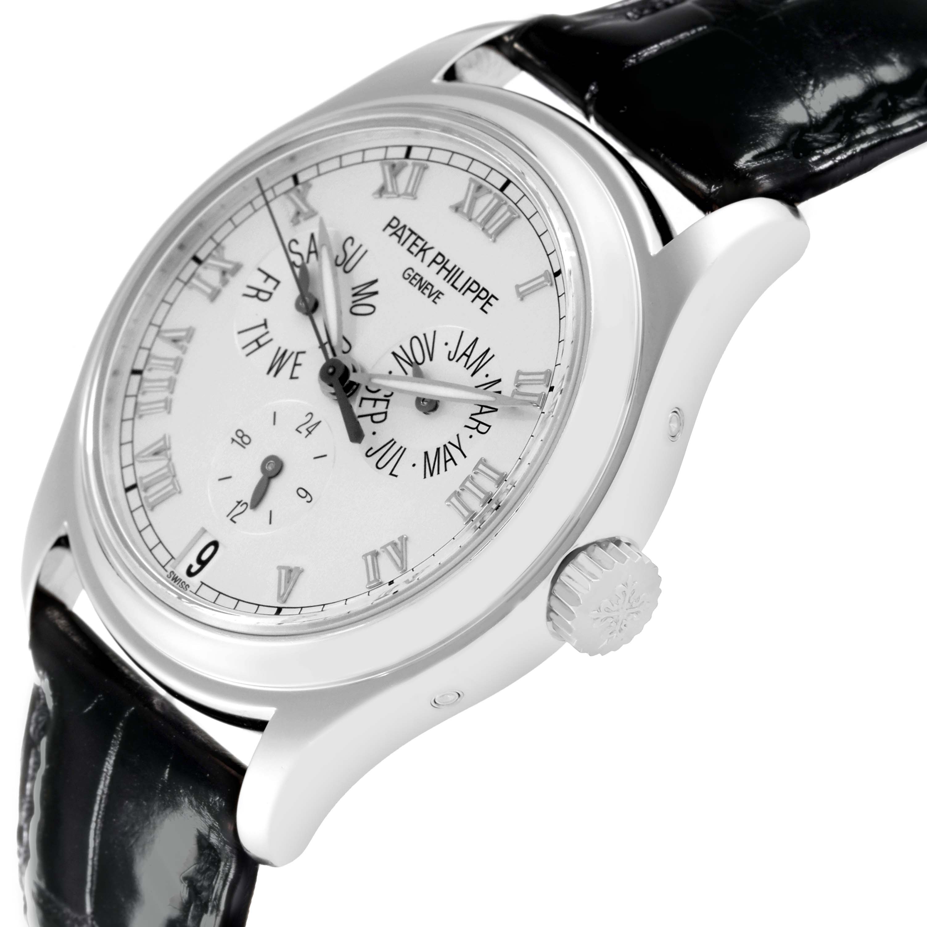 The image shows a side angle of the Patek Philippe Complications 5035P-026 Men's Platinum Silver Dial 5035P-026 Men's Platinum Silver Dial watch, highlighting the crown, face, and part of the leather strap.