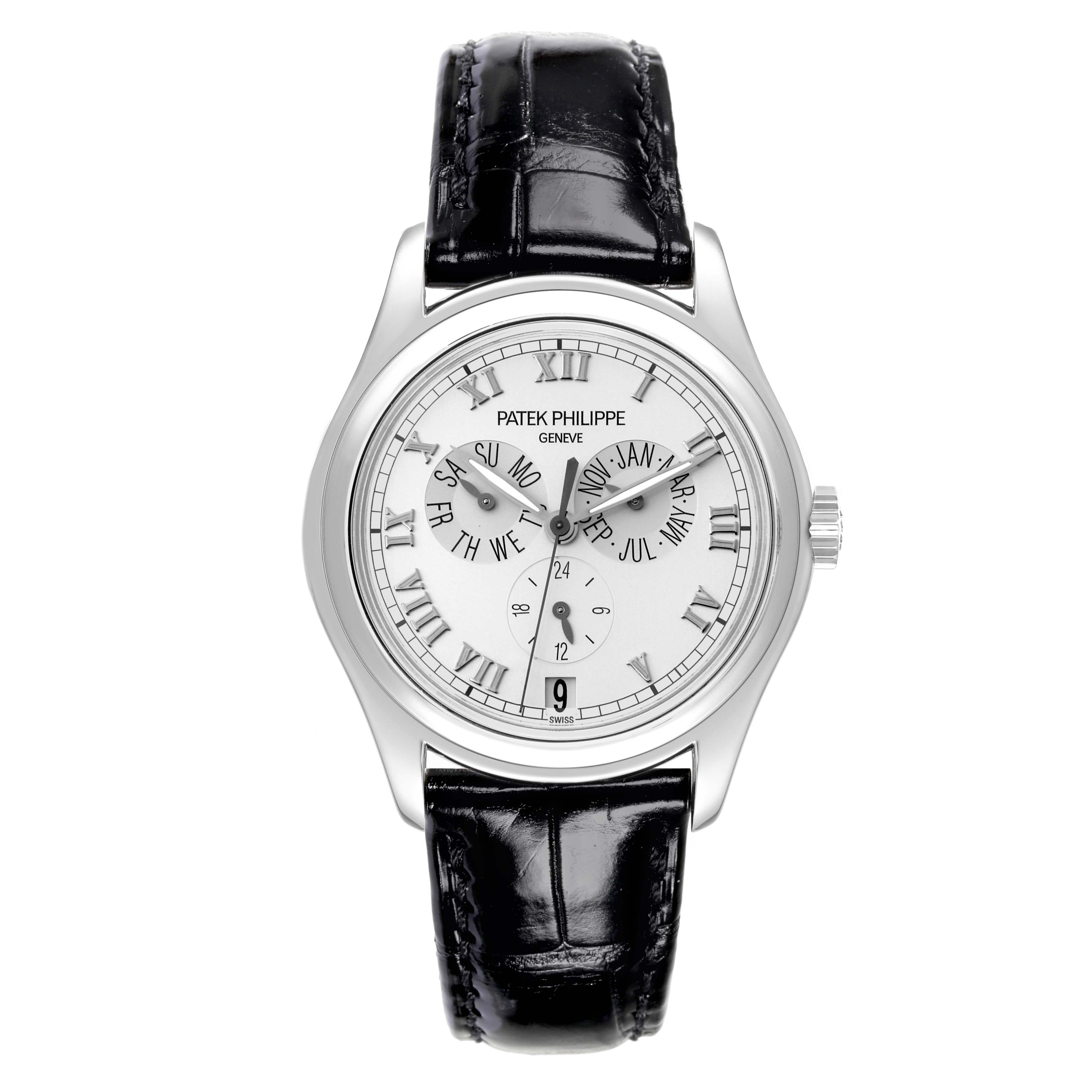 The image displays a front view of a Patek Philippe Complications 5035P-026 Men's Platinum Silver Dial 5035P-026 Men's Platinum Silver Dial model watch with a black leather strap and silver dial.