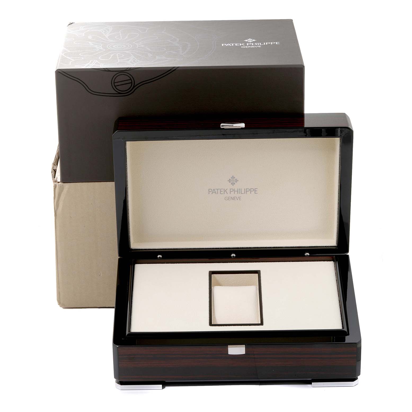 The image shows an open presentation box for a Patek Philippe Complications 5035P-026 Men's Platinum Silver Dial 5035P-026 Men's Platinum Silver Dial model watch, highlighting the interior.