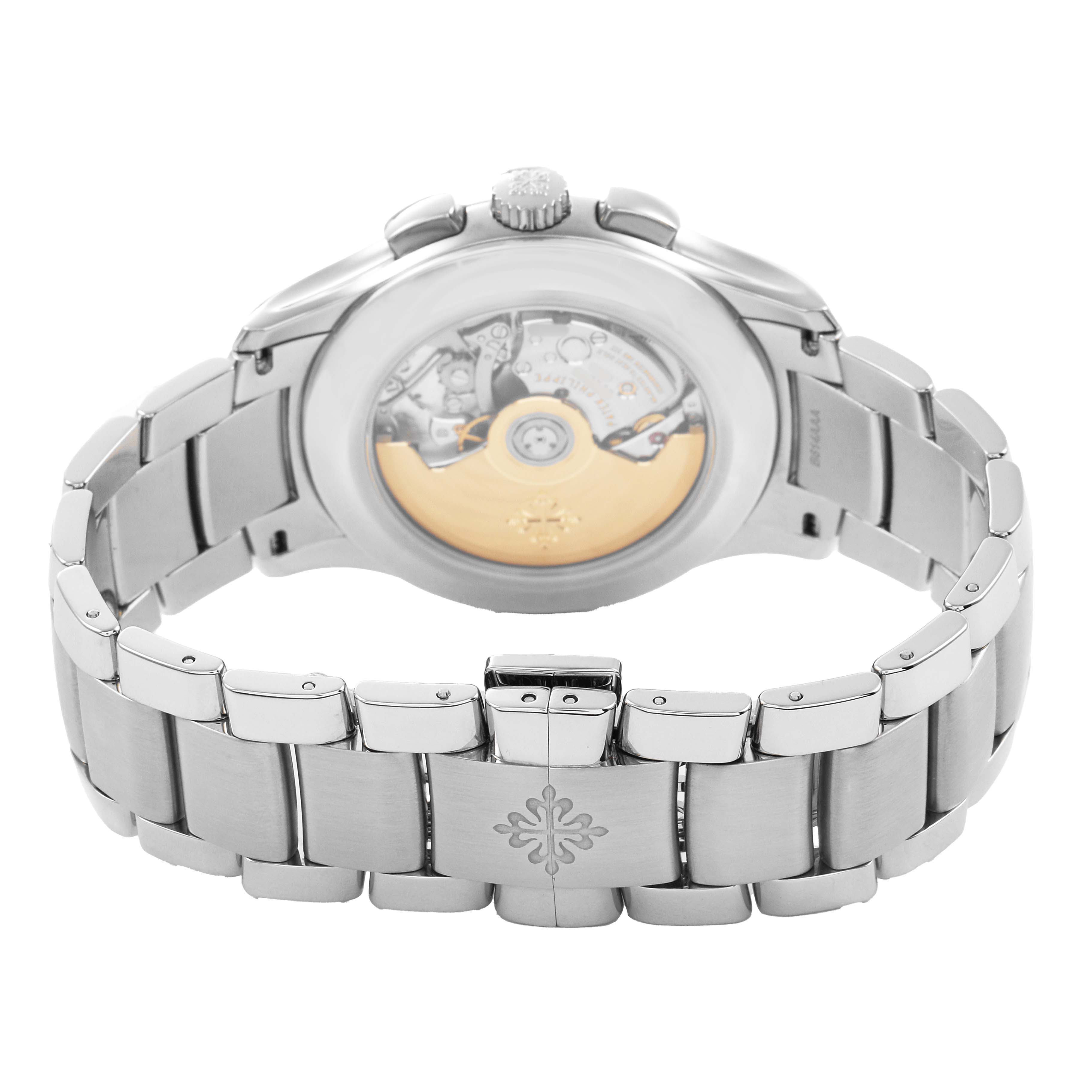 The image shows the back view of a Patek Philippe Complications 5905/1A-001 Men's Stainless Steel Green Dial watch, highlighting its movement and bracelet clasp.