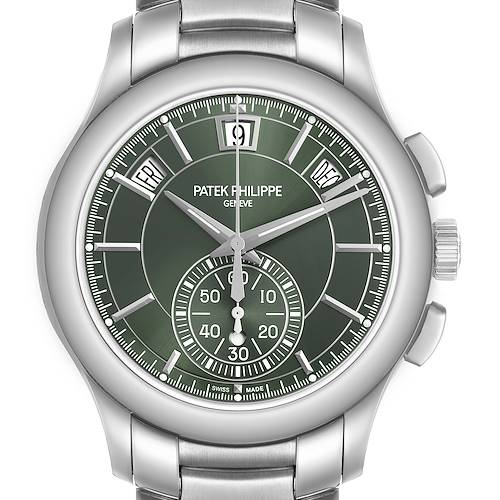 The Patek Philippe Complications 5905/1A-001 Men's Stainless Steel Green Dial watch is shown from a front angle, highlighting its dial, day, date, and month features.