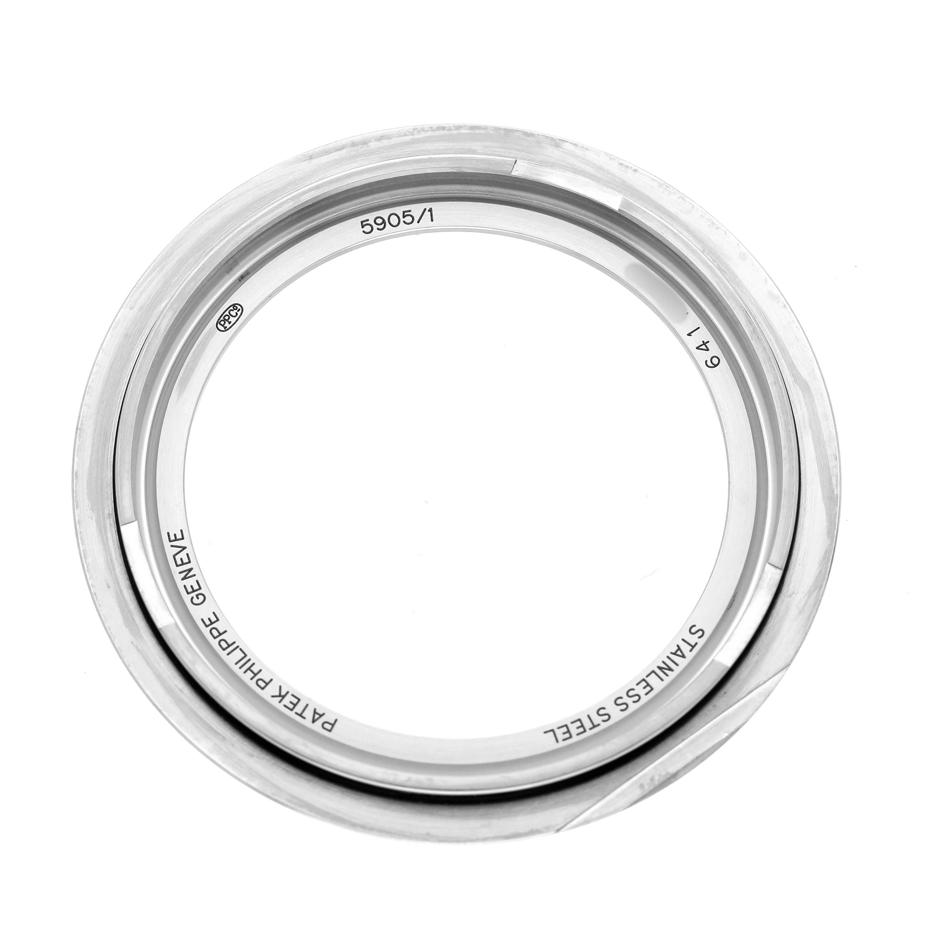 The image shows a stainless steel bezel from a Patek Philippe Complications 5905/1A-001 Men's Stainless Steel Green Dial model, viewed from above.