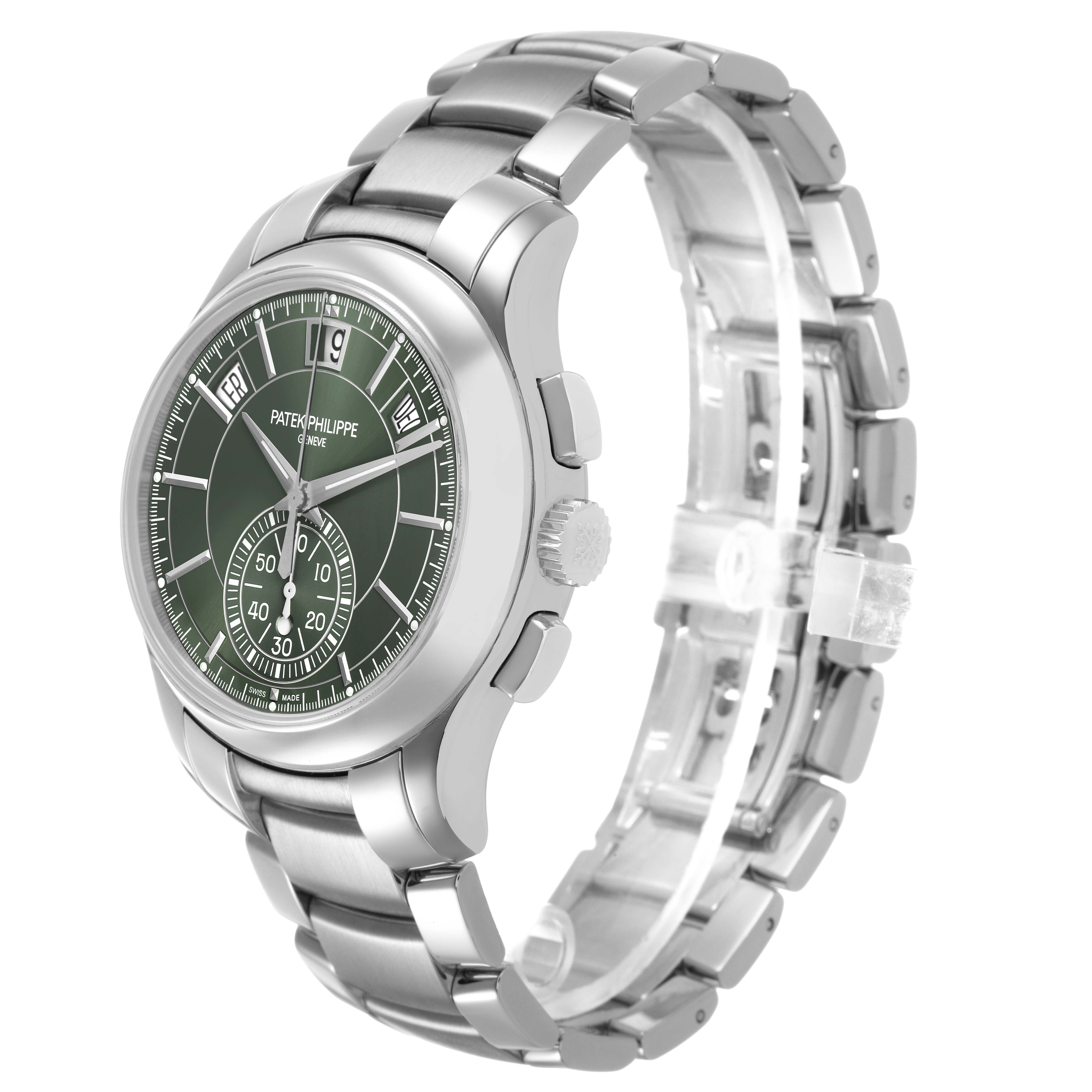 The Patek Philippe Complications 5905/1A-001 Men's Stainless Steel Green Dial watch is shown at a three-quarter angle highlighting the face, bezel, crown, and bracelet.