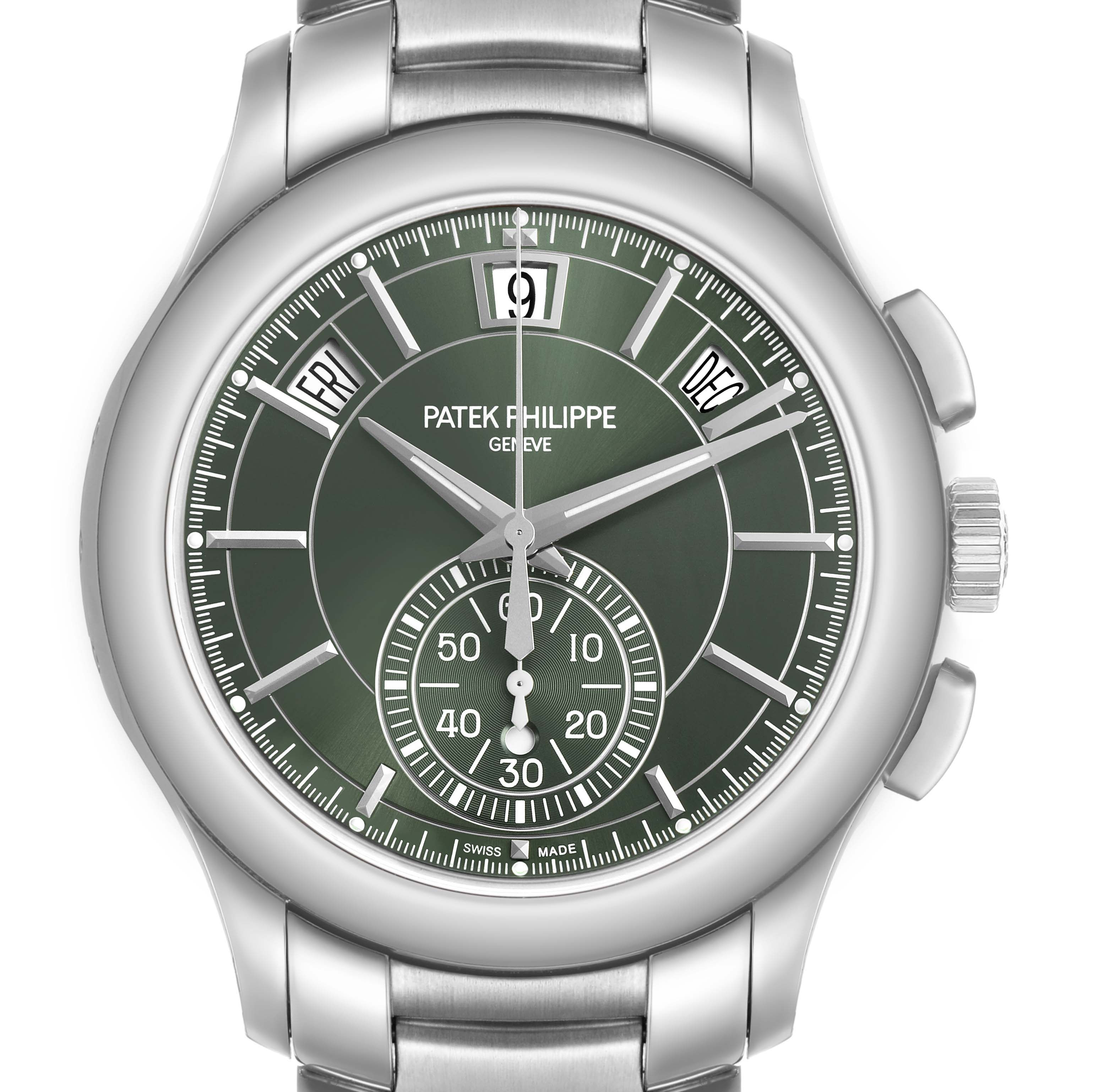 The Patek Philippe Complications 5905/1A-001 Men's Stainless Steel Green Dial watch is shown from a top view, displaying the face, hands, date, and day indicators.