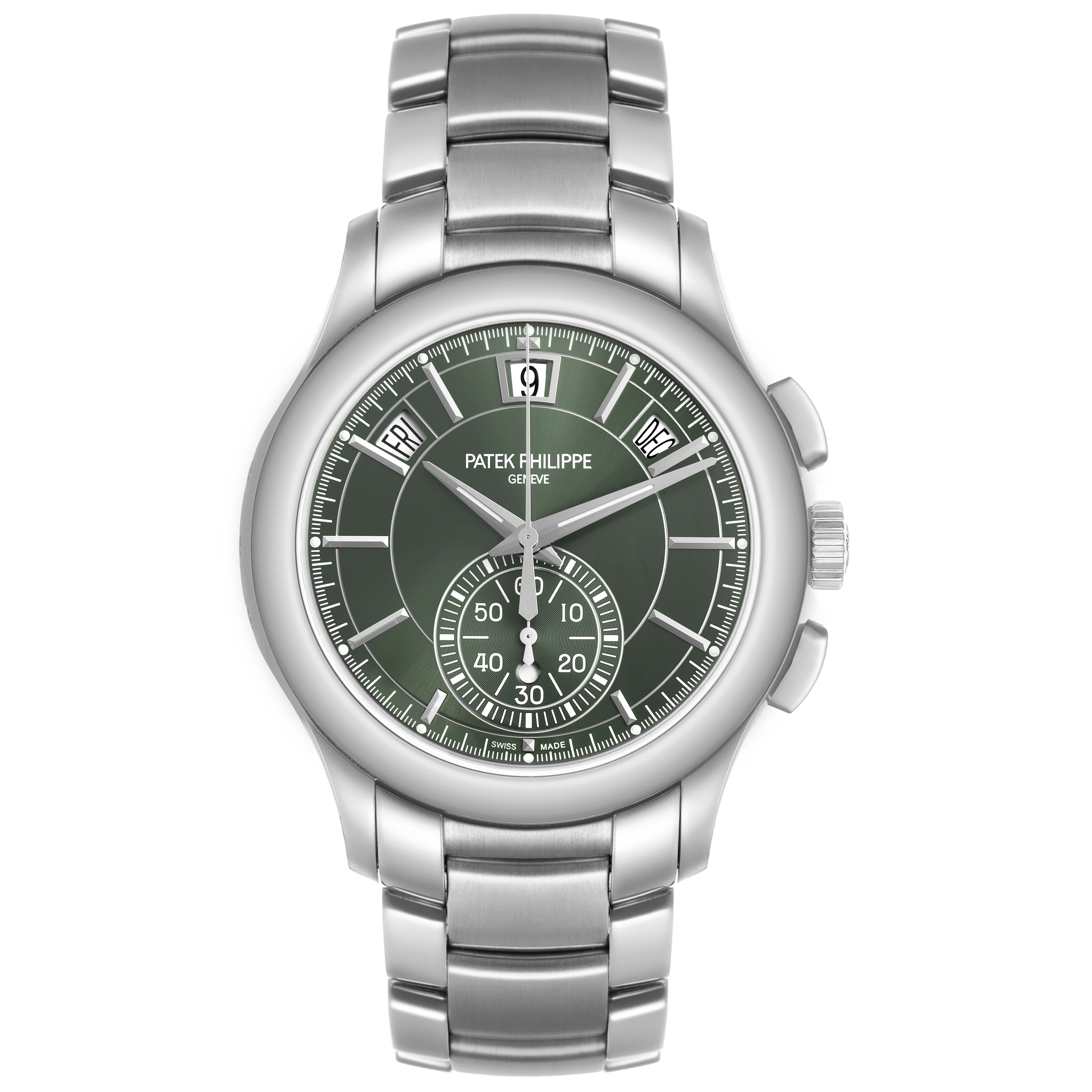 The Patek Philippe Complications 5905/1A-001 Men's Stainless Steel Green Dial watch is shown from a front angle, displaying the face, bezel, and bracelet.