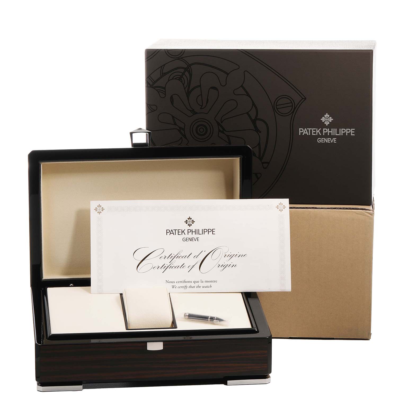 The image shows a Patek Philippe Complications 5905/1A-001 Men's Stainless Steel Green Dial model box, certificate, and accessories from a frontal angle.