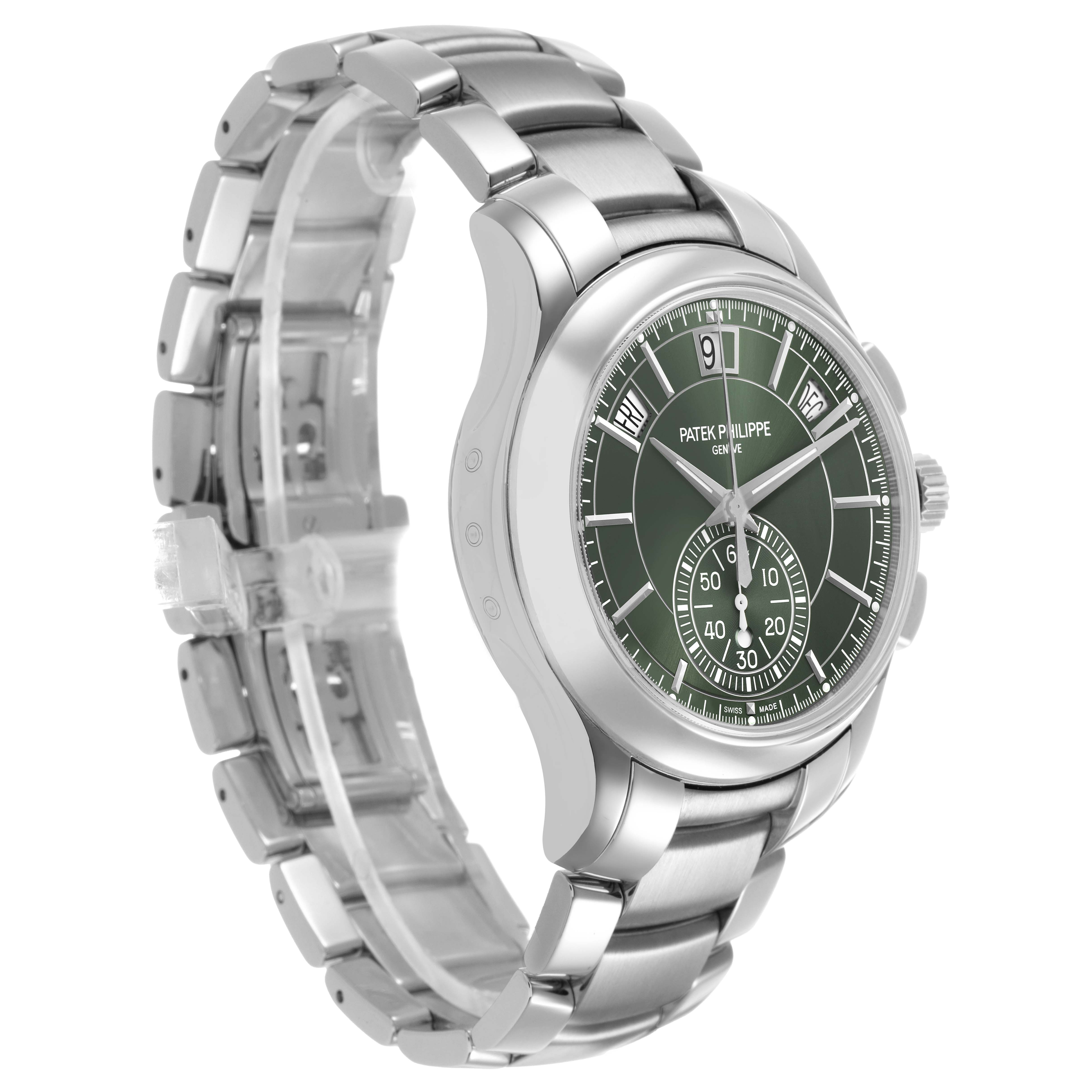 The Patek Philippe Complications 5905/1A-001 Men's Stainless Steel Green Dial watch is shown at a three-quarter angle, highlighting the green dial, bezel, and stainless steel bracelet.