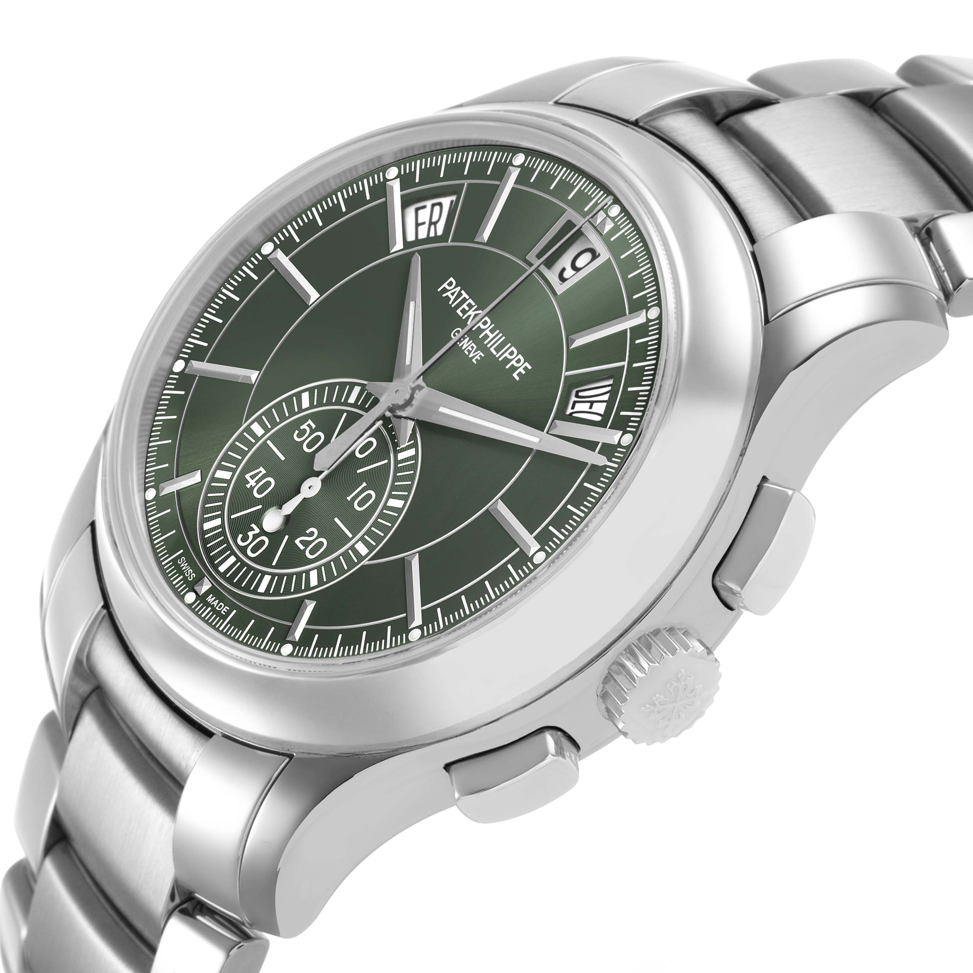 The Patek Philippe Complications 5905/1A-001 Men's Stainless Steel Green Dial watch is shown at an angled side view, displaying the dial, crown, and part of the strap.