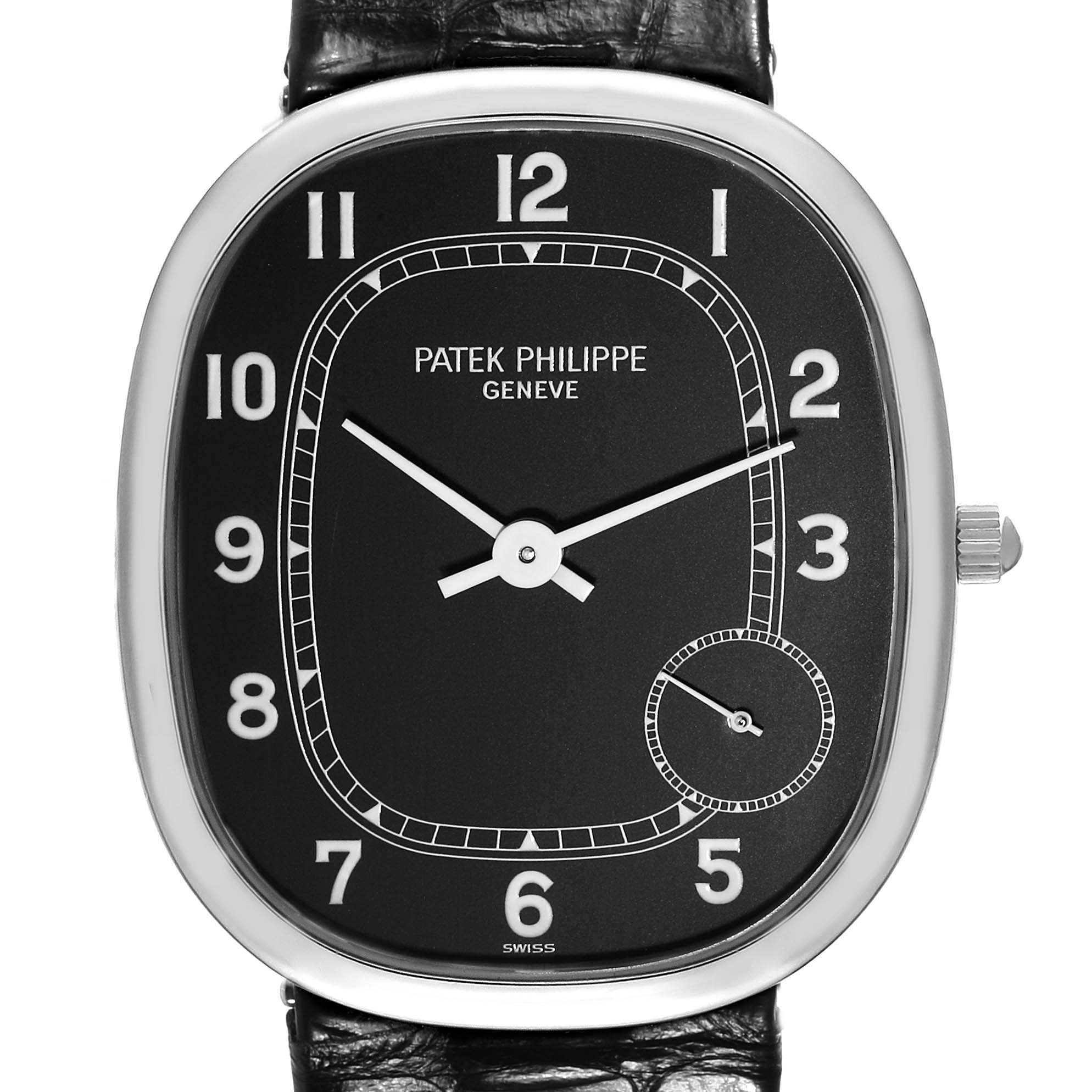 The image shows a front view of the Patek Philippe Golden Ellipse 5028G Men's White Gold Black Dial 5028G Men's White Gold Black Dial watch, highlighting the black dial, numerals, hands, and crown.