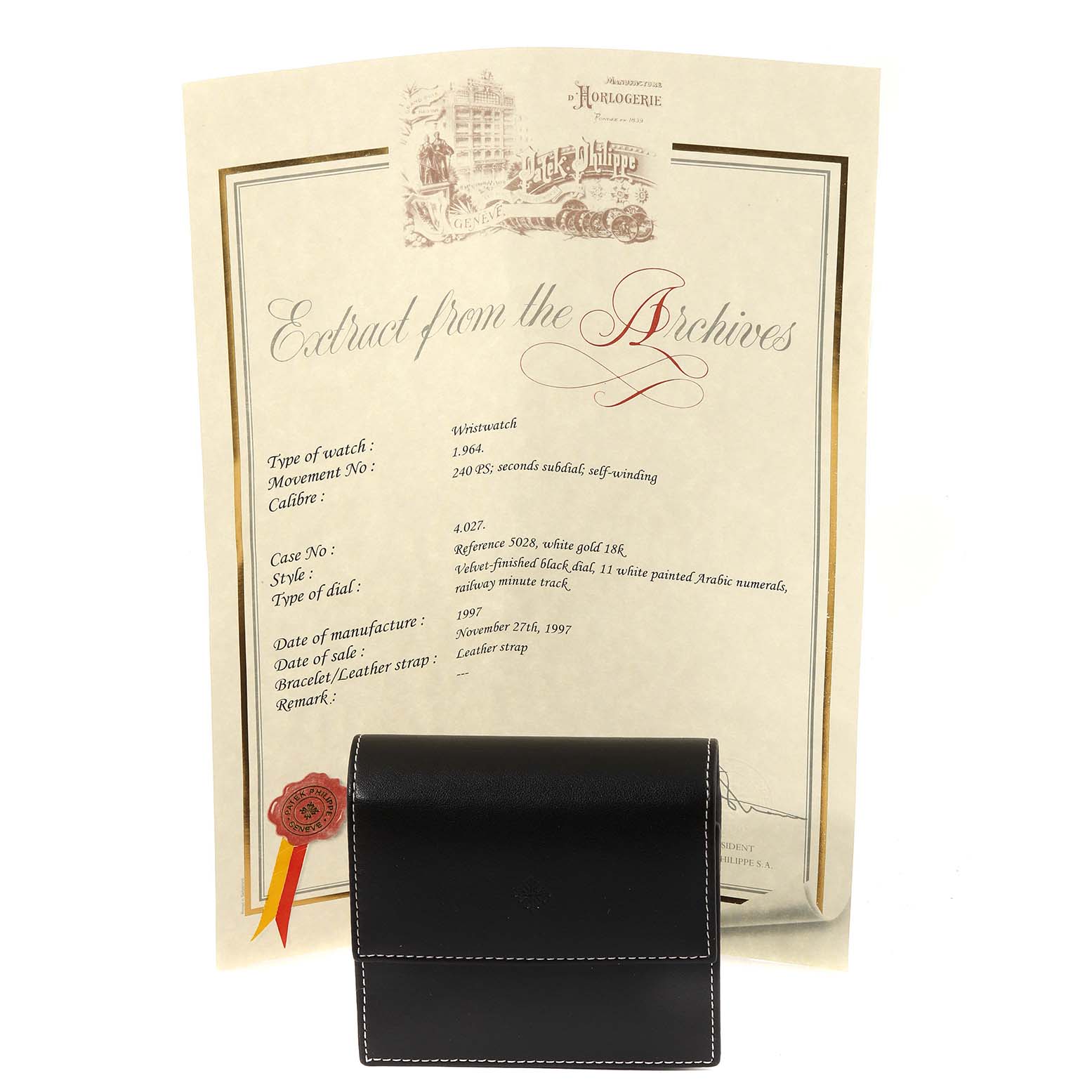 This image shows a certificate and a black leather case for the Patek Philippe Golden Ellipse 5028G Men's White Gold Black Dial 5028G Men's White Gold Black Dial watch.