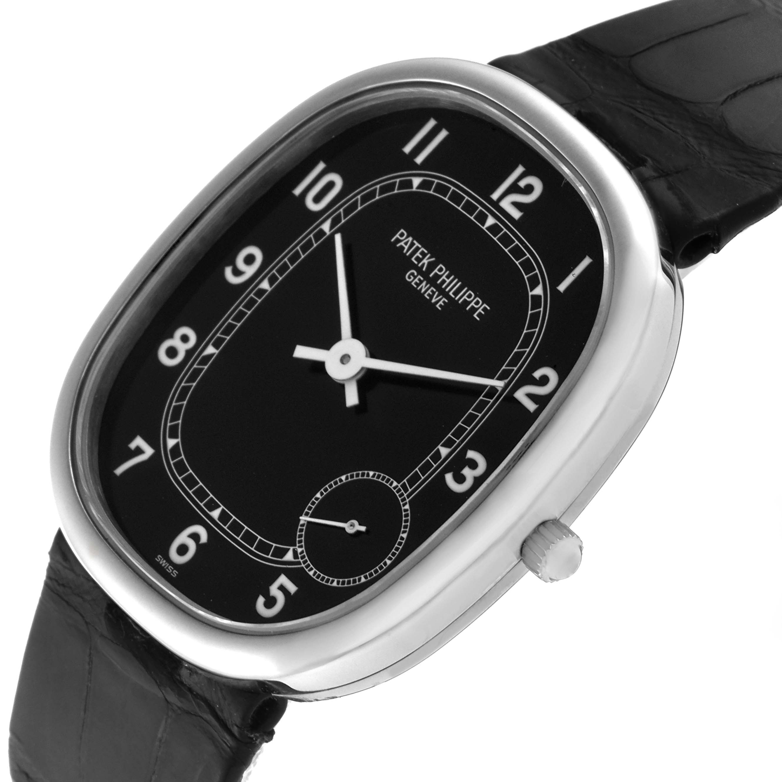 The image shows a Patek Philippe Golden Ellipse 5028G Men's White Gold Black Dial 5028G Men's White Gold Black Dial watch at a slight angle, highlighting its face, hands, numbers, and crown.