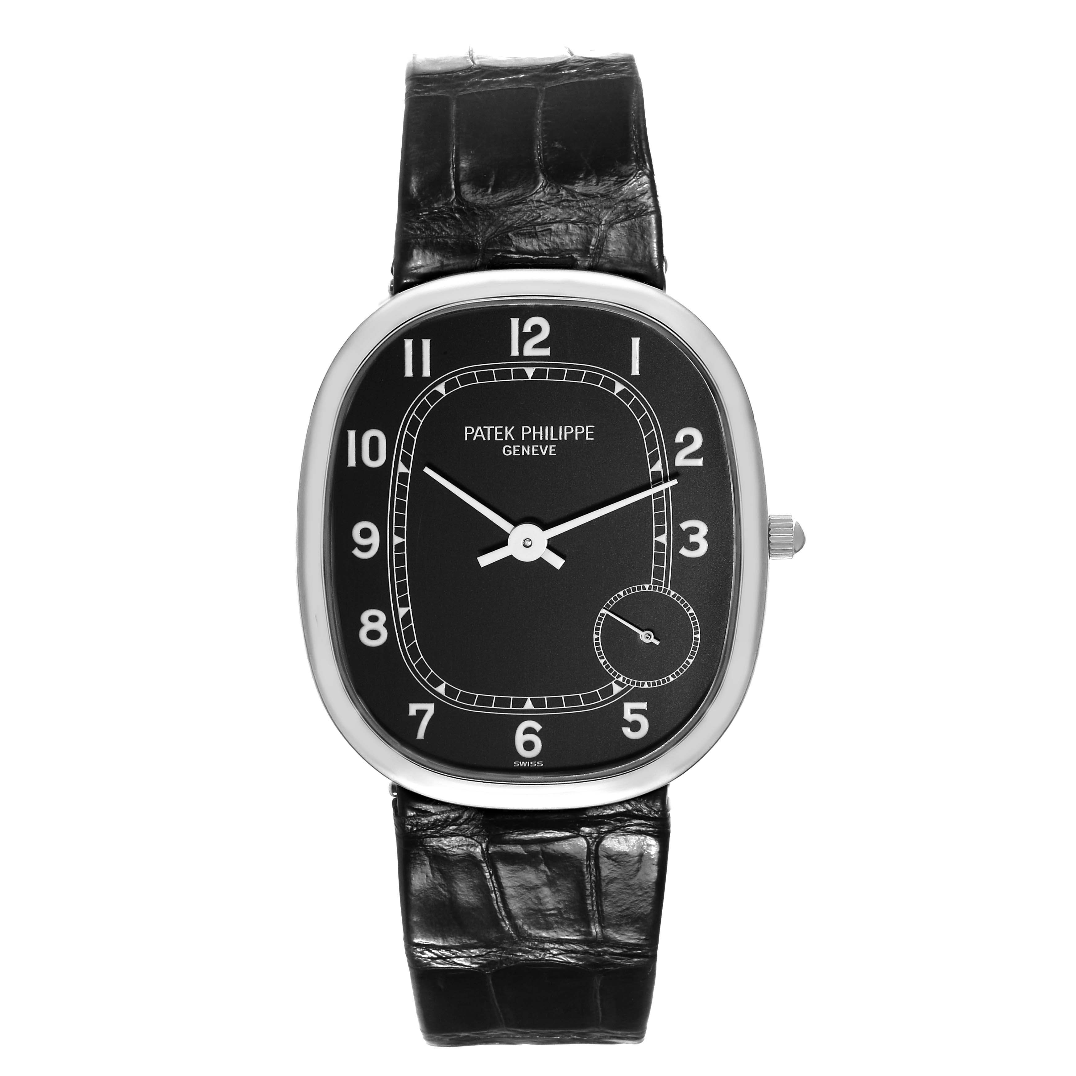 The image shows a front view of the Patek Philippe Golden Ellipse 5028G Men's White Gold Black Dial 5028G Men's White Gold Black Dial watch with a black dial and leather strap.