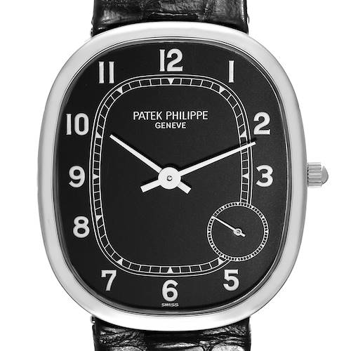 The image shows a frontal view of the Patek Philippe Golden Ellipse watch, highlighting its face, dial, and crown.