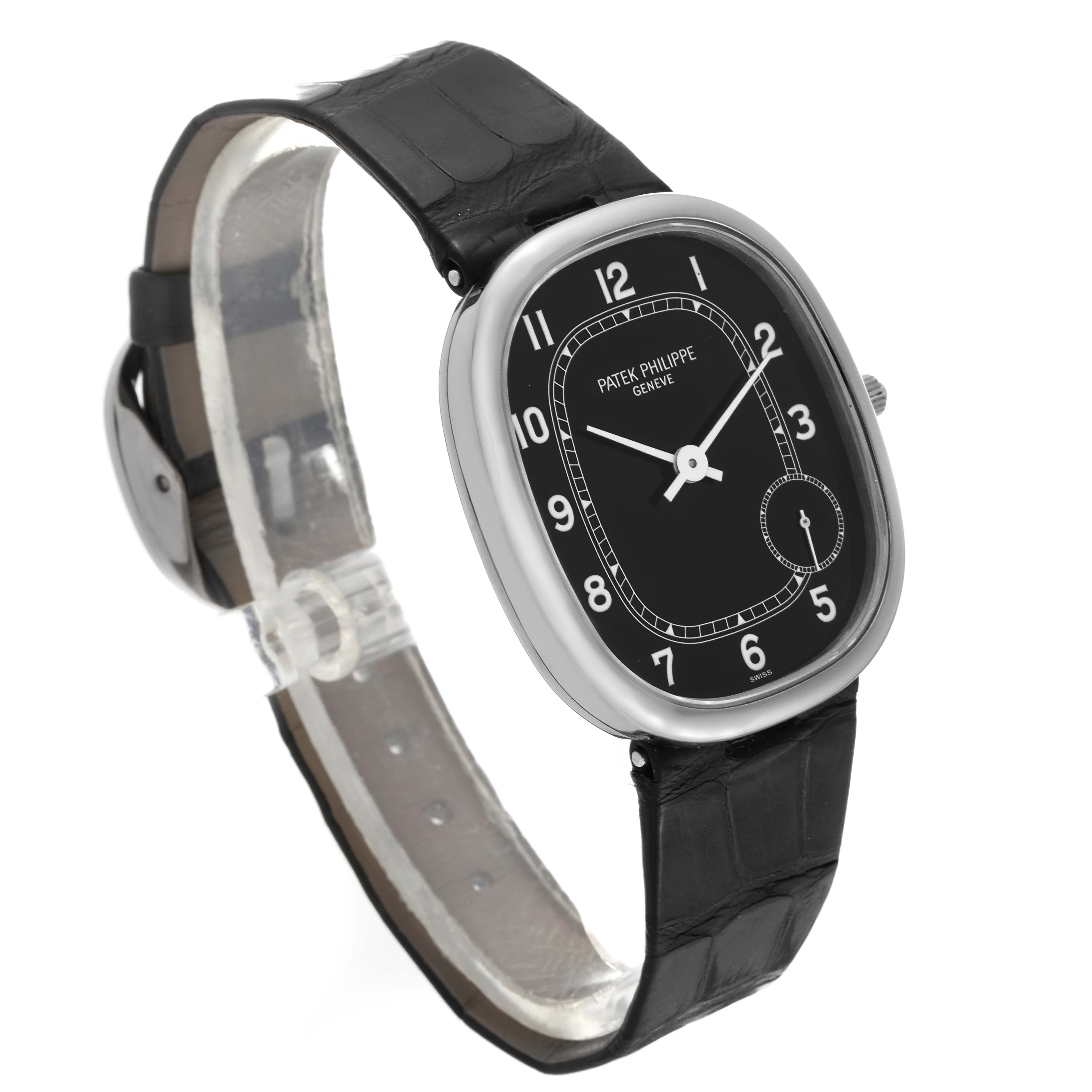 The image shows a Patek Philippe Golden Ellipse 5028G Men's White Gold Black Dial 5028G Men's White Gold Black Dial watch from a front angled view, highlighting its black dial and leather strap.