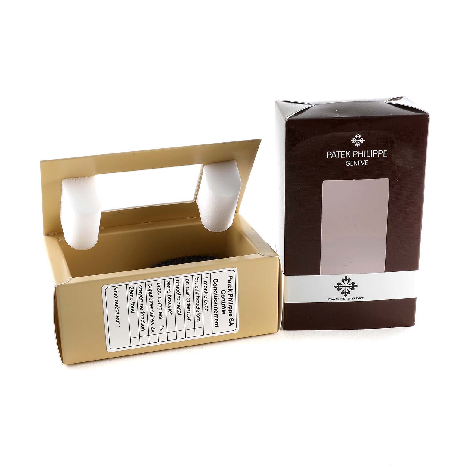 The image shows the packaging of Patek Philippe
s Twenty-4 model watch, including an open box with foam inserts.