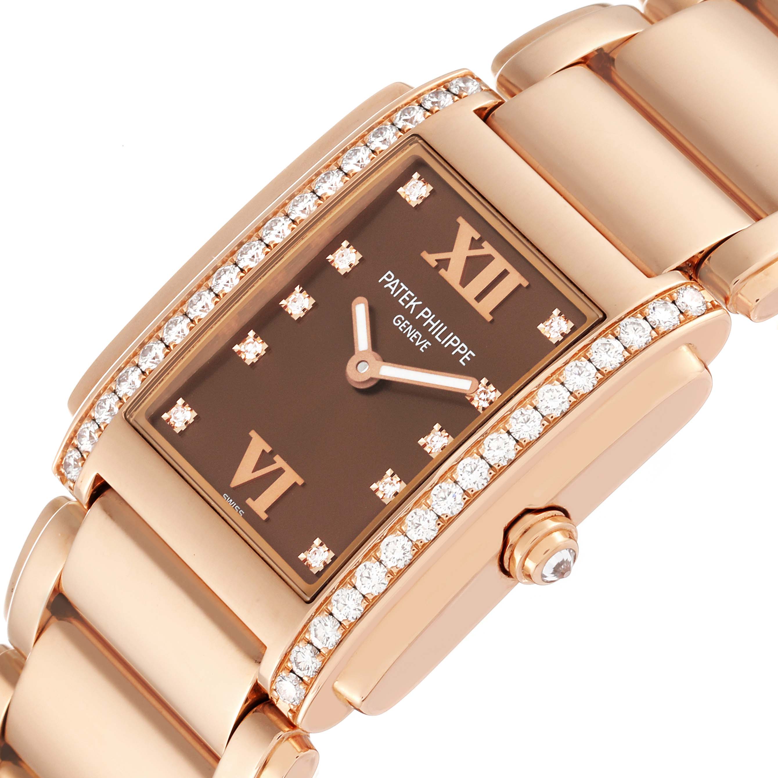 The Patek Philippe Twenty-4 4910/11R Women's Rose Gold Brown Dial 4910/11R Women's Rose Gold Brown Dial watch is shown from an angled close-up, highlighting its diamond-set bezel, bracelet, and dial.