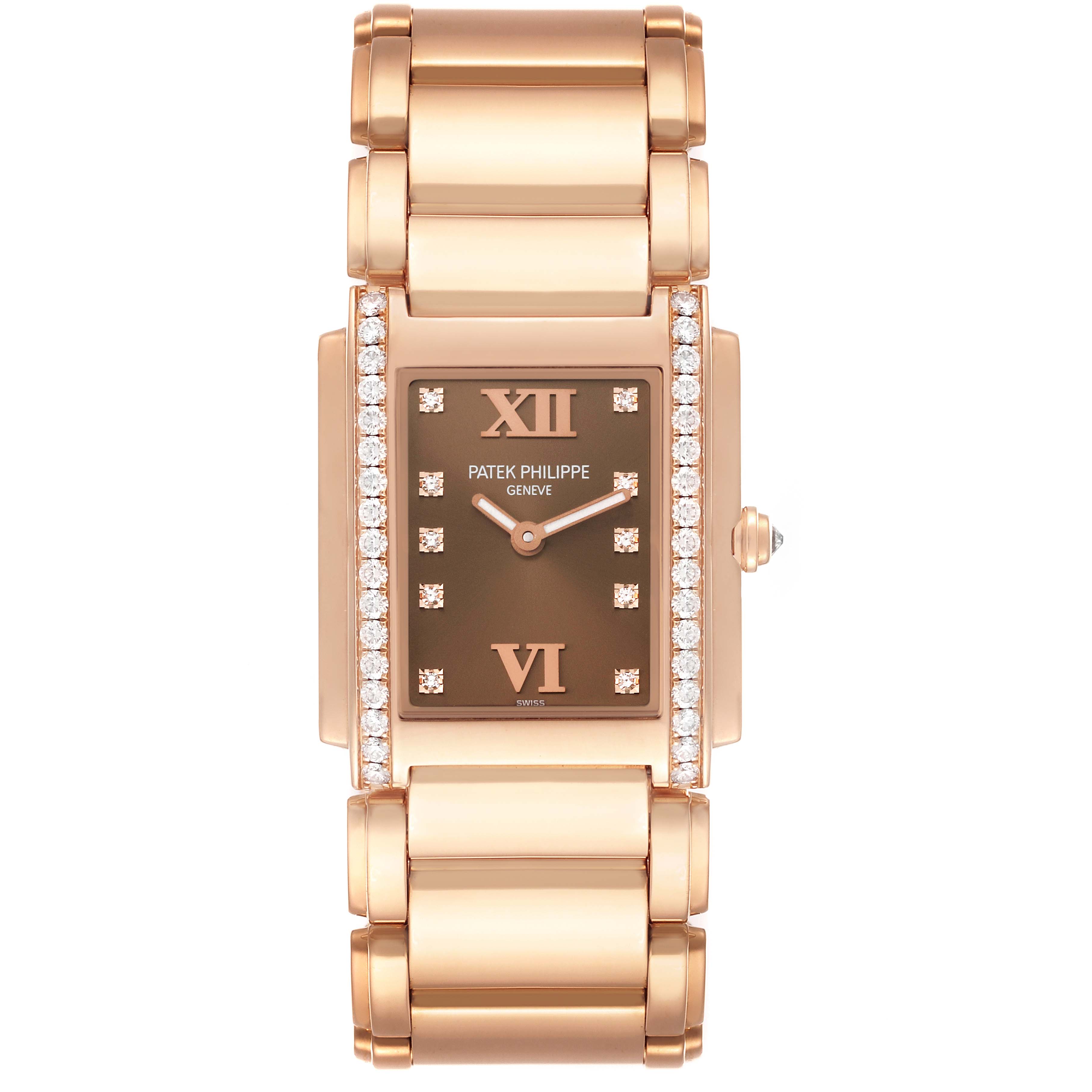 The Patek Philippe Twenty-4 4910/11R Women's Rose Gold Brown Dial 4910/11R Women's Rose Gold Brown Dial watch is shown from a top-down angle, displaying its face, bezel, and bracelet.