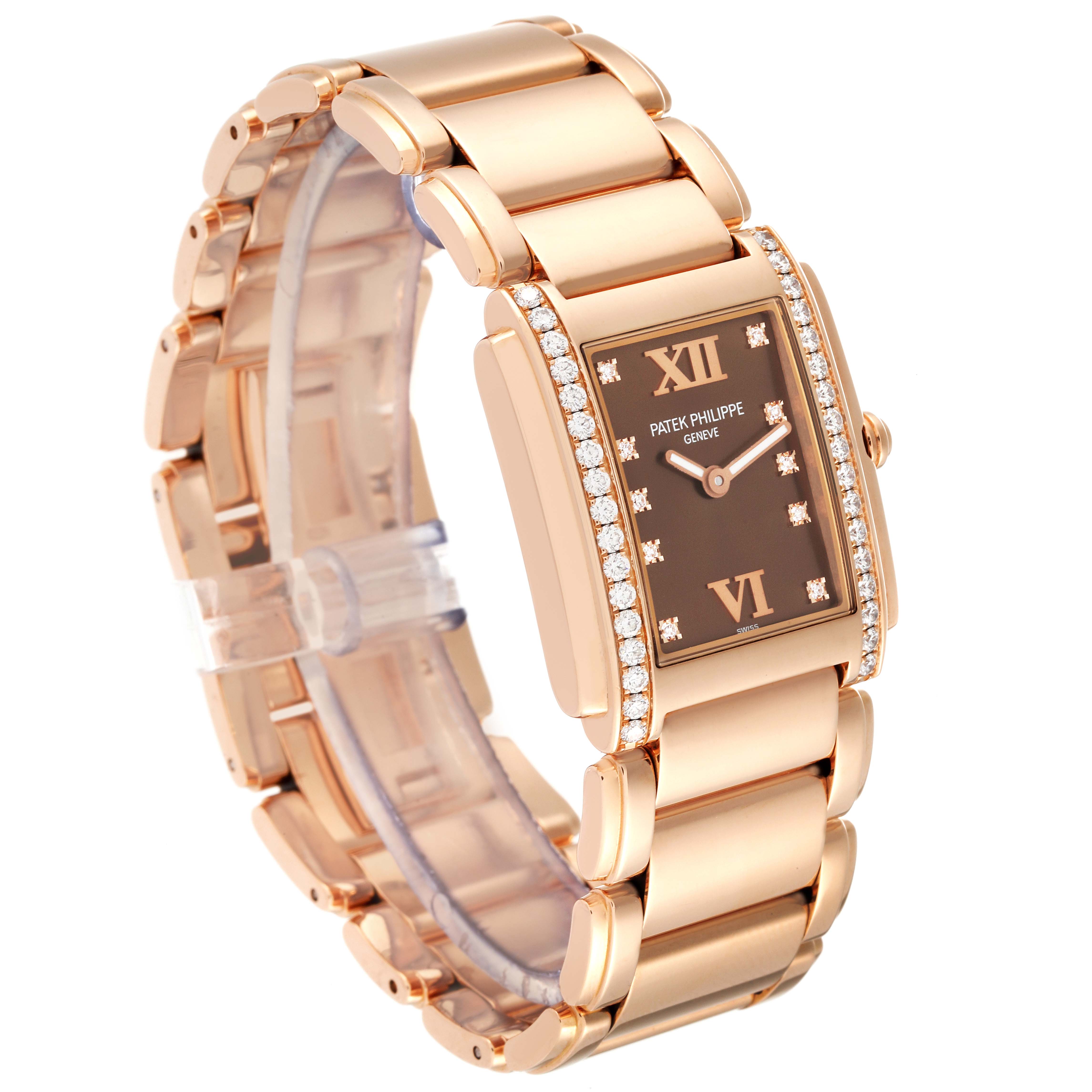 This image shows a side view of a Patek Philippe Twenty-4 4910/11R Women's Rose Gold Brown Dial 4910/11R Women's Rose Gold Brown Dial watch, highlighting its rectangular dial, diamond bezel, and metal bracelet.
